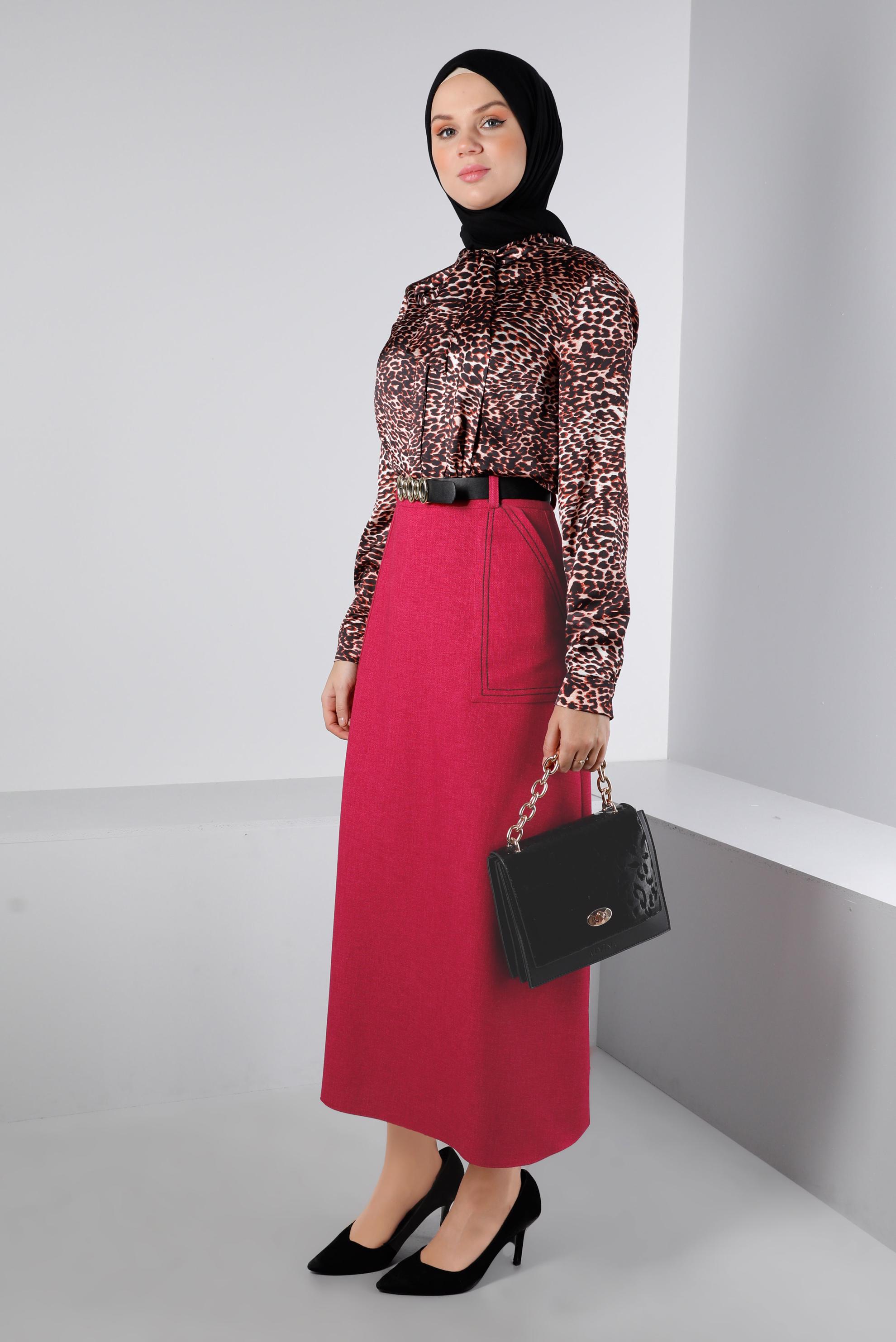Tesettür giyim FUŞYA KEMERLİ CEPLİ ETEK 60334