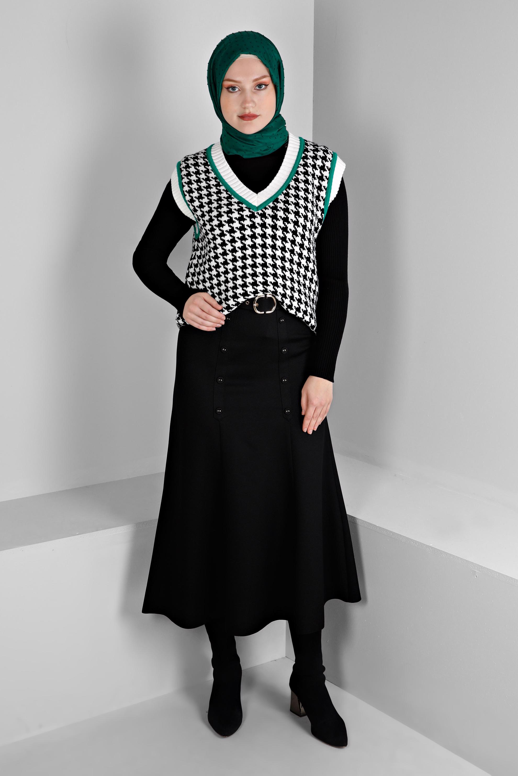 Hijab clothing BLACK BELTED SKIRT WITH BUTTON DETAIL 60335