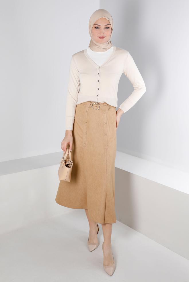 Tesettür giyim KAHVE KEMERLİ DÜĞME DETAYLI ETEK 60335 - ALVİNA