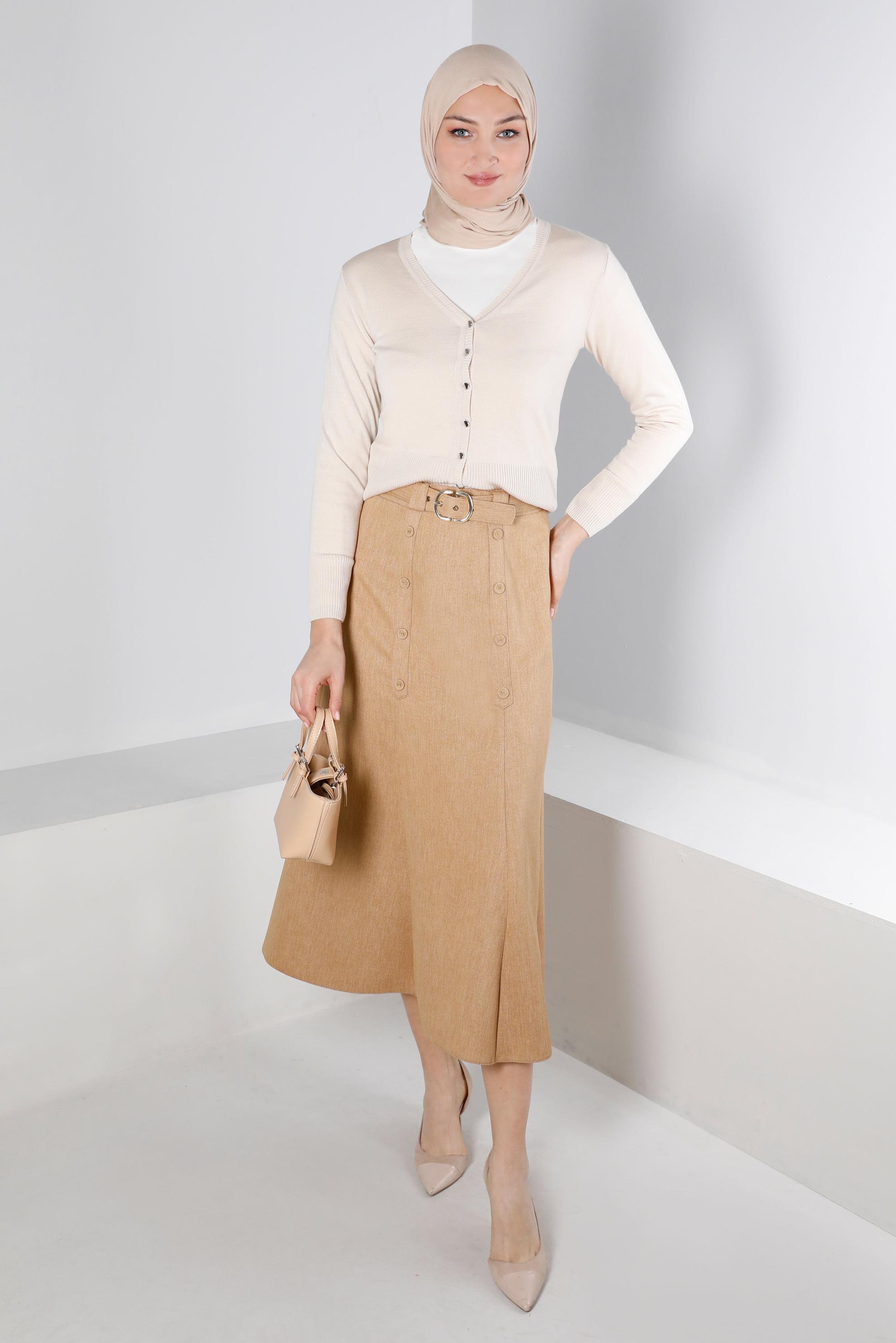 Tesettür giyim KAHVE KEMERLİ DÜĞME DETAYLI ETEK 60335