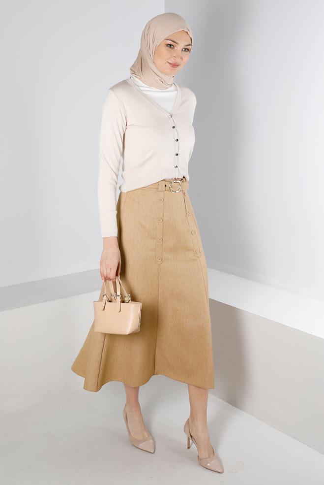 Tesettür giyim KAHVE KEMERLİ DÜĞME DETAYLI ETEK 60335 - ALVİNA