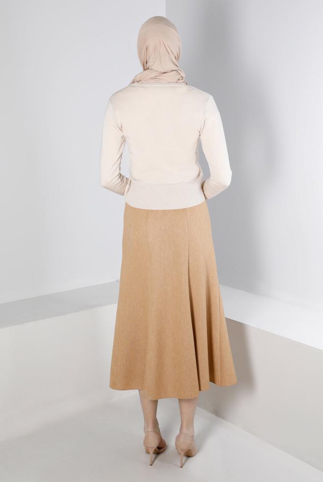 Tesettür giyim KAHVE KEMERLİ DÜĞME DETAYLI ETEK 60335 - ALVİNA
