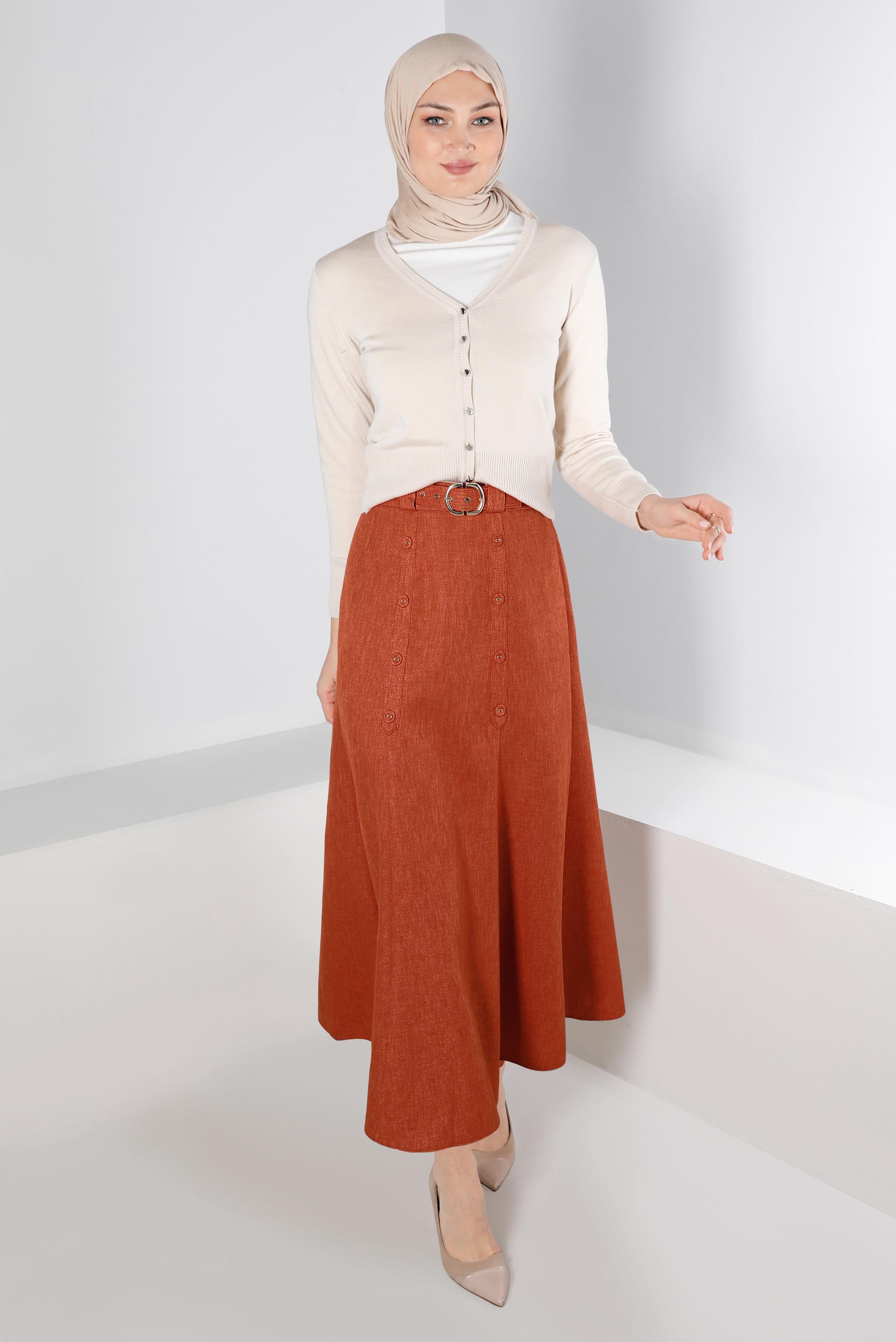 Vêtements hijab ORANGE JUPE CEINTURÉE AVEC DÉTAIL BOUTONS 60335