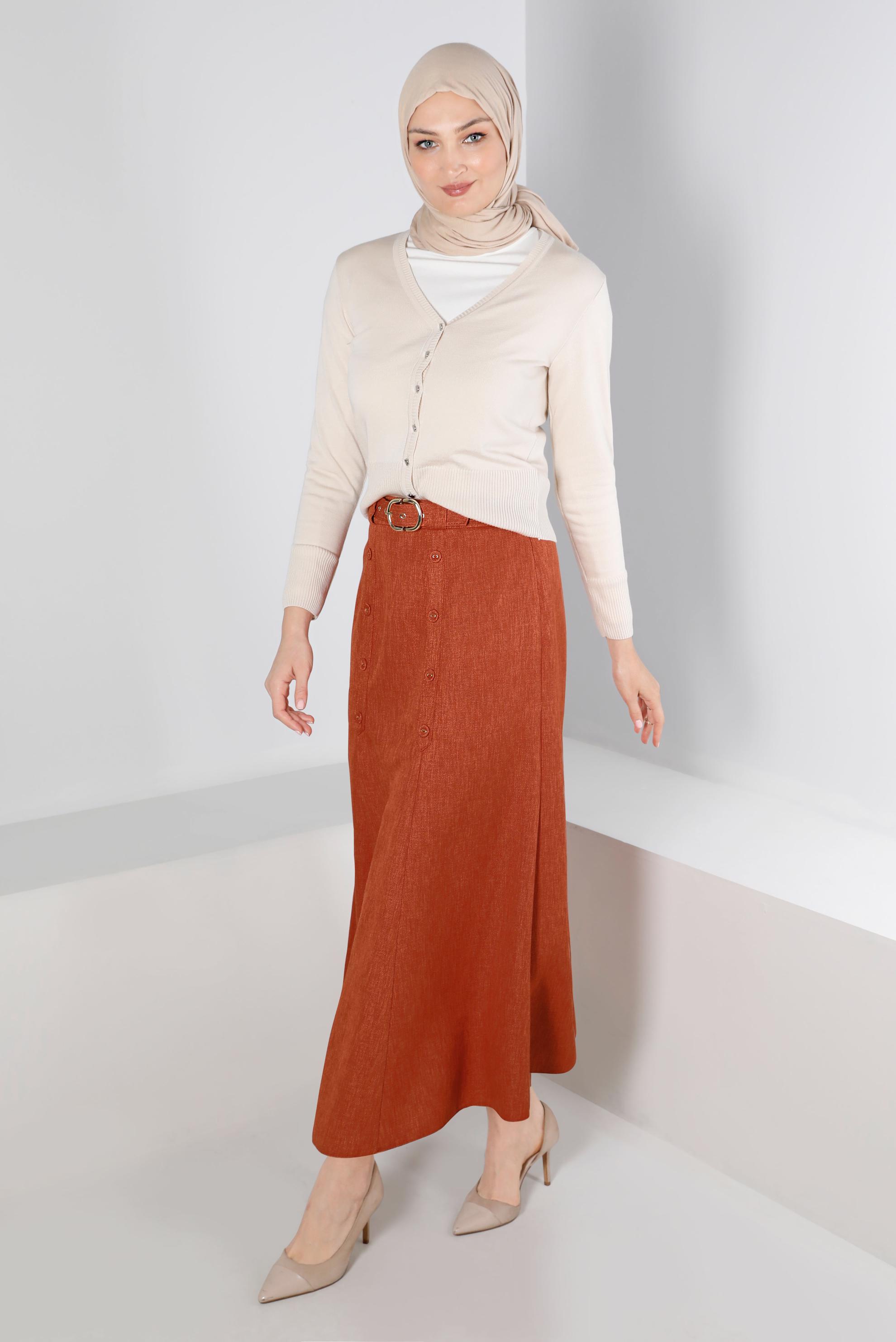 Vêtements hijab ORANGE JUPE CEINTURÉE AVEC DÉTAIL BOUTONS 60335