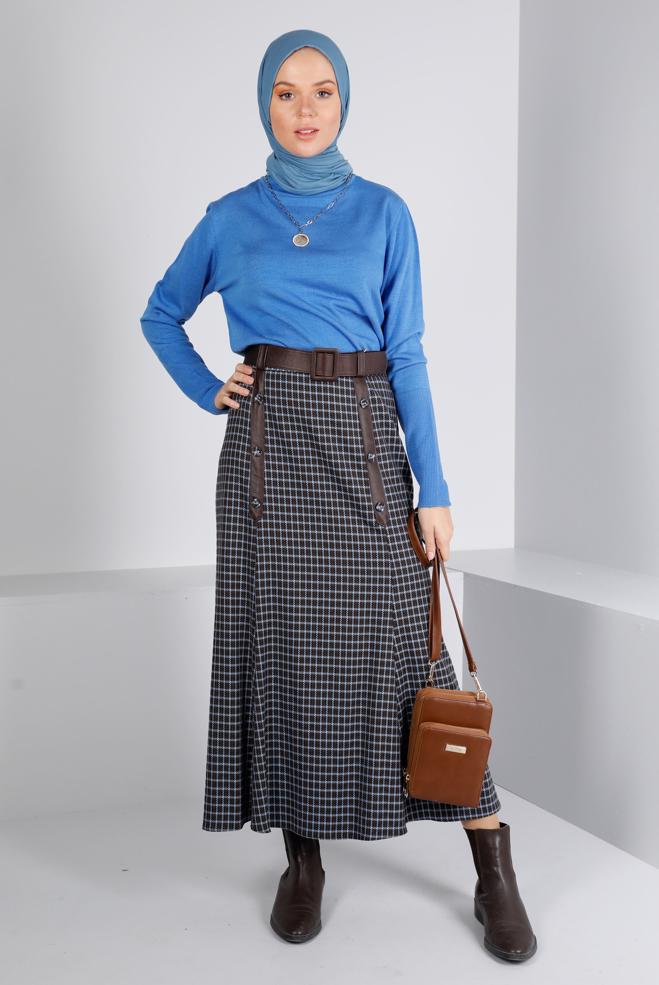 Tesettür giyim MAVİ DÜĞME DETAYLI EKOSE ETEK 60336  - ALVİNA