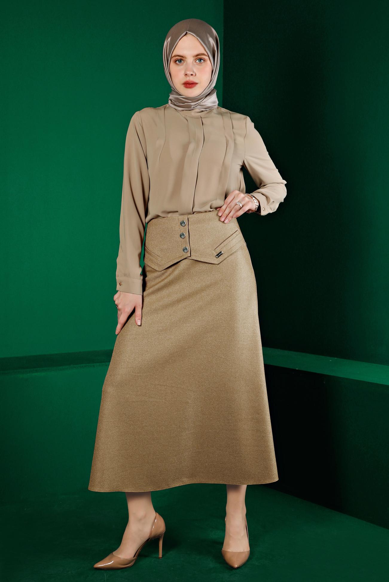 Hijab clothing BEIGE BUTTON DETAIL SKIRT 60337