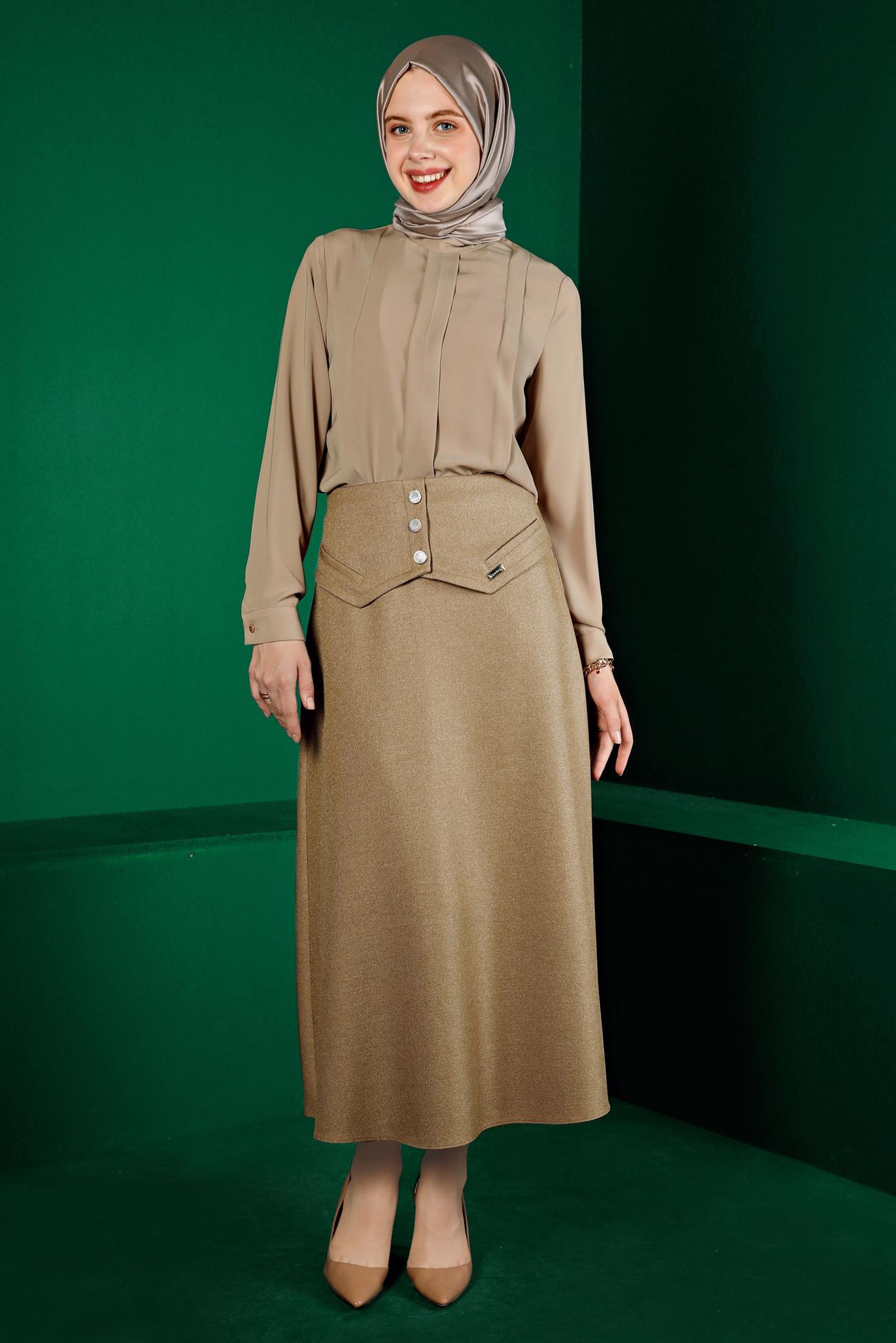 Hijab clothing BEIGE BUTTON DETAIL SKIRT 60337