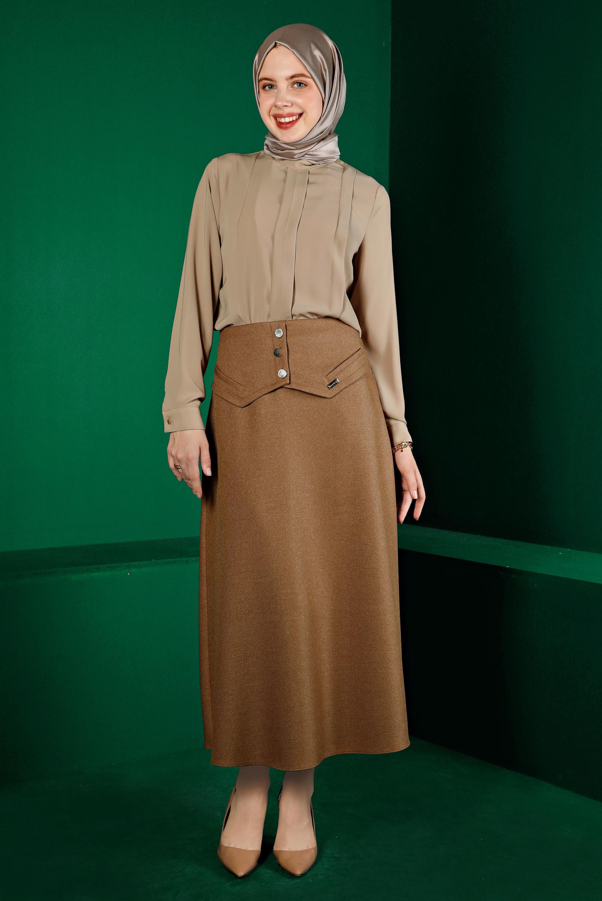 Tesettür giyim SARI DÜĞME DETAYLI ETEK 60337