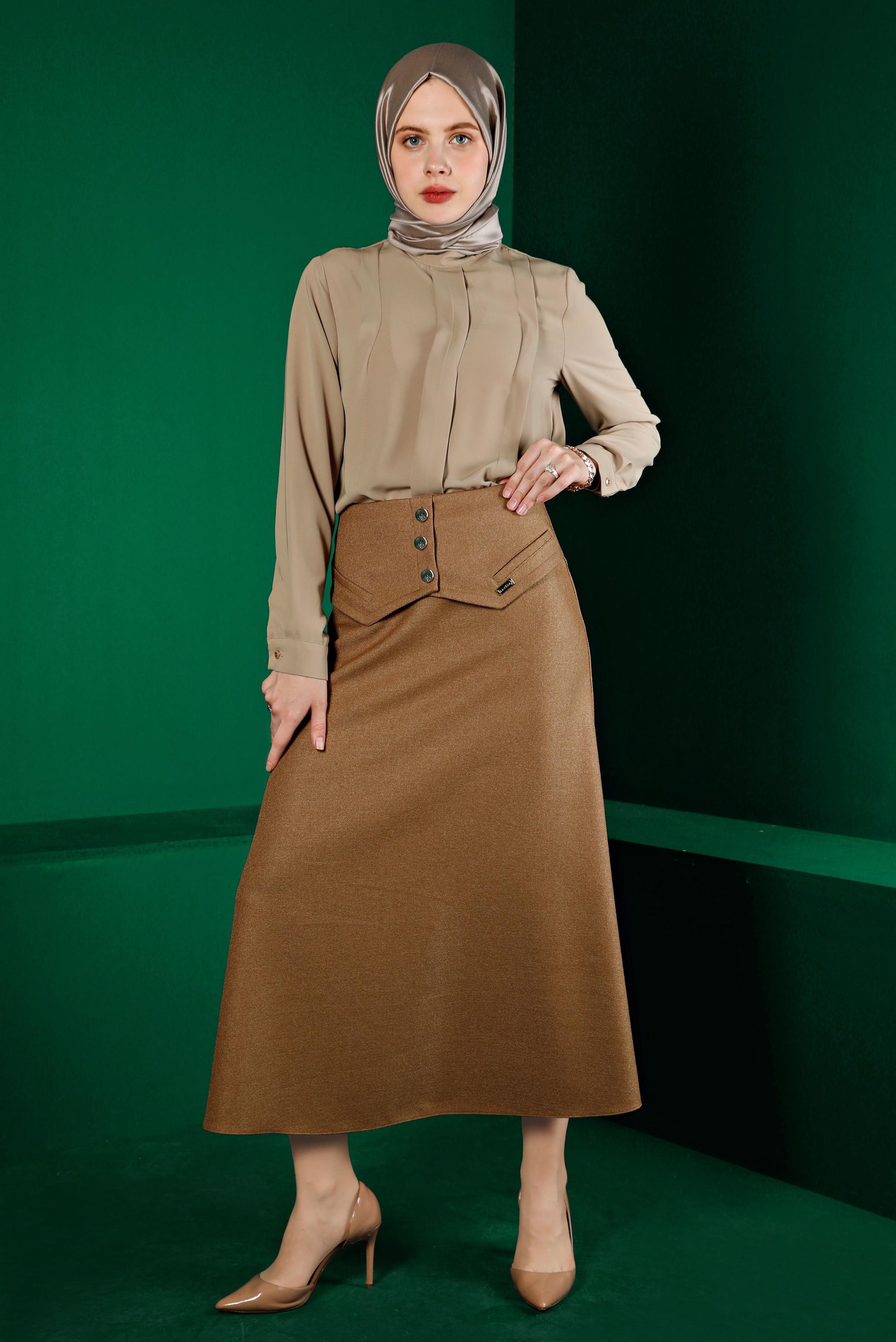 Tesettür giyim SARI DÜĞME DETAYLI ETEK 60337