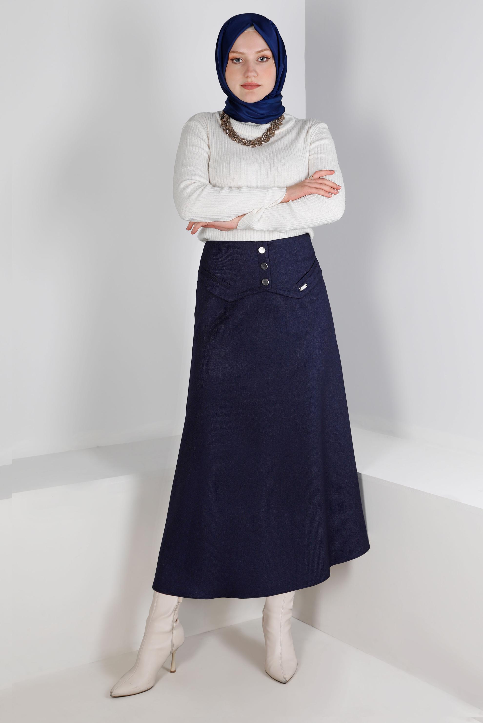 Tesettür giyim LACİVERT DÜĞME DETAYLI ETEK 60337