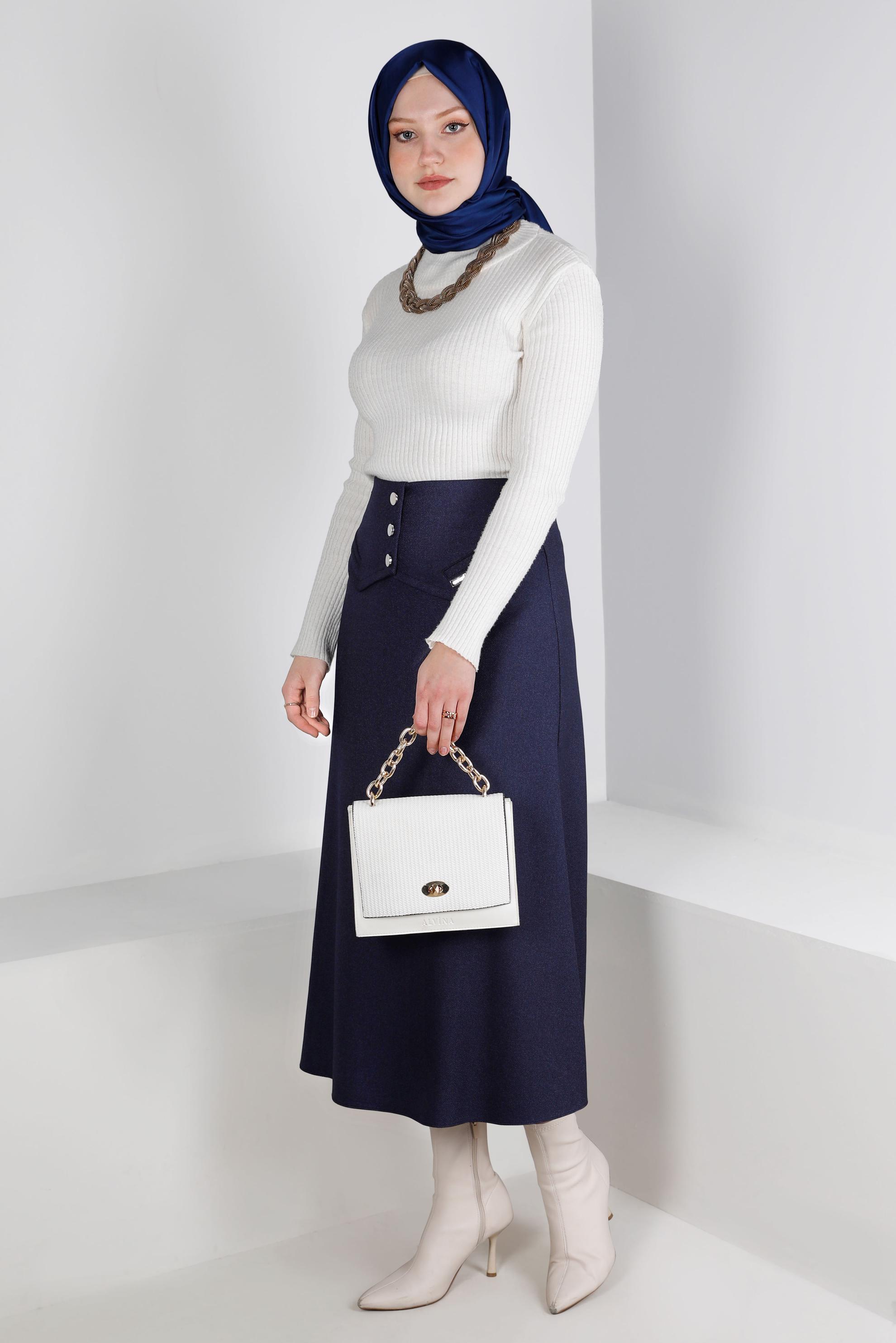 Tesettür giyim LACİVERT DÜĞME DETAYLI ETEK 60337