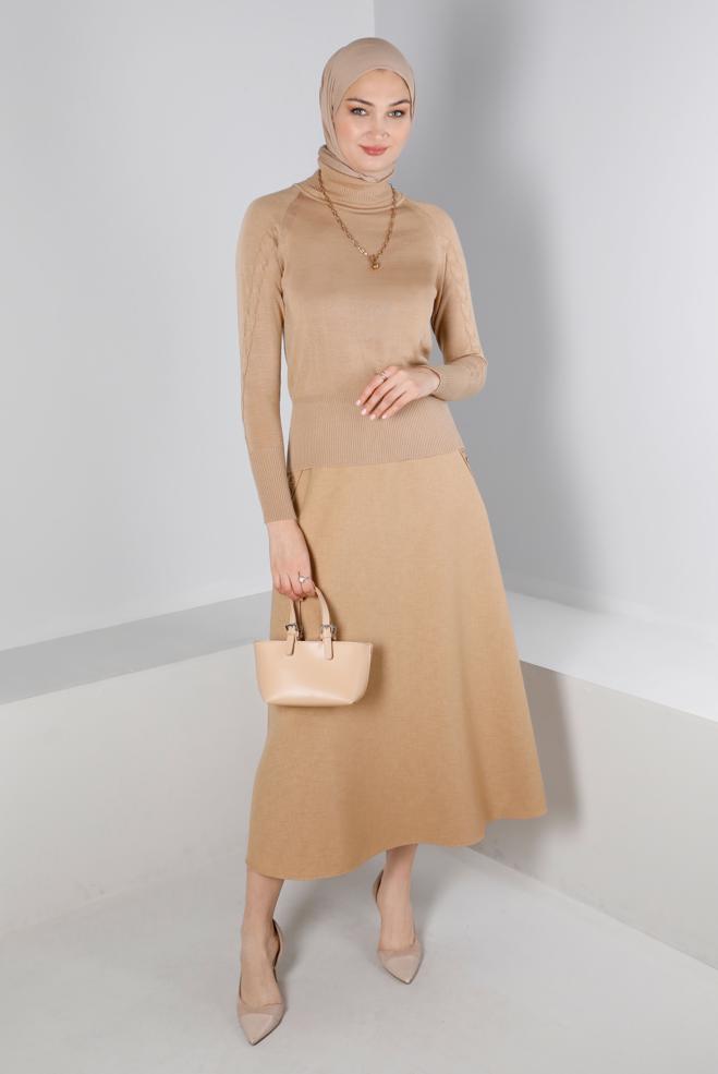 Tesettür giyim BEJ CEPLİ VOLANLI ETEK 60339 - ALVİNA