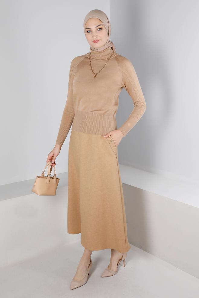 Tesettür giyim BEJ CEPLİ VOLANLI ETEK 60339 - ALVİNA