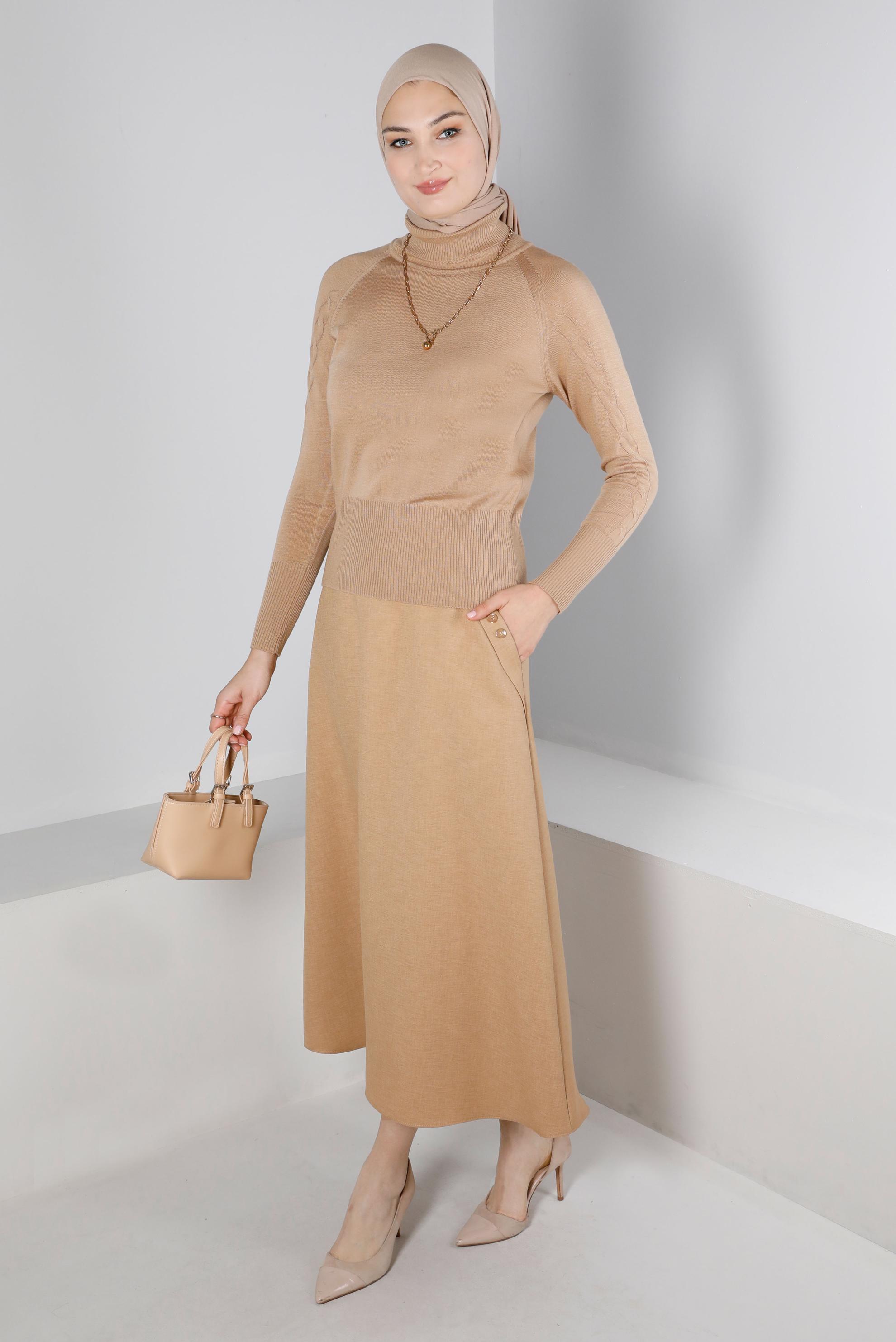 Tesettür giyim BEJ CEPLİ VOLANLI ETEK 60339