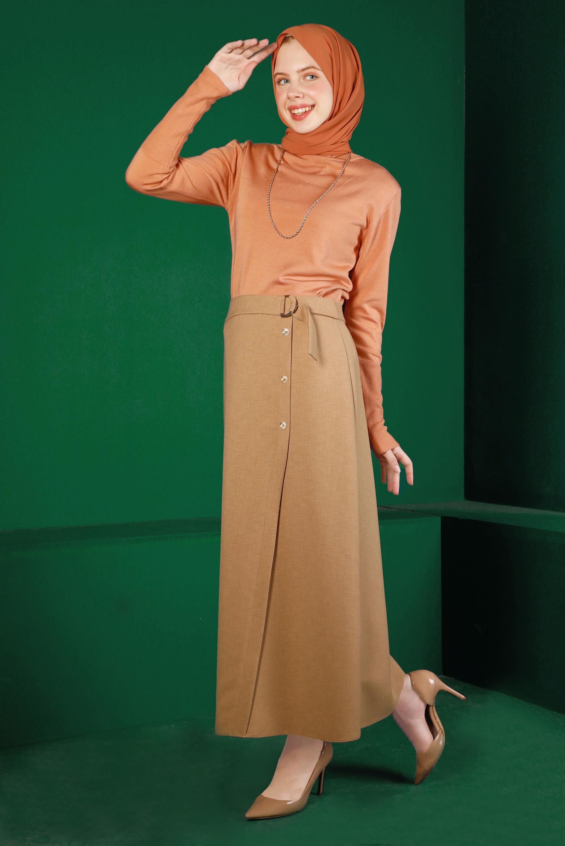 Tesettür giyim BEJ DÜĞME DETAYLI ETEK 60341
