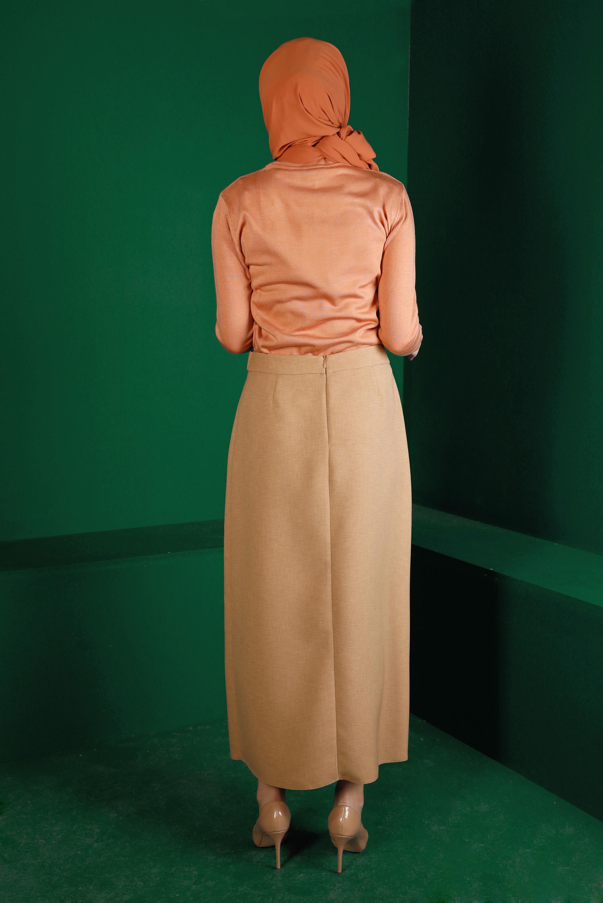 Tesettür giyim BEJ DÜĞME DETAYLI ETEK 60341