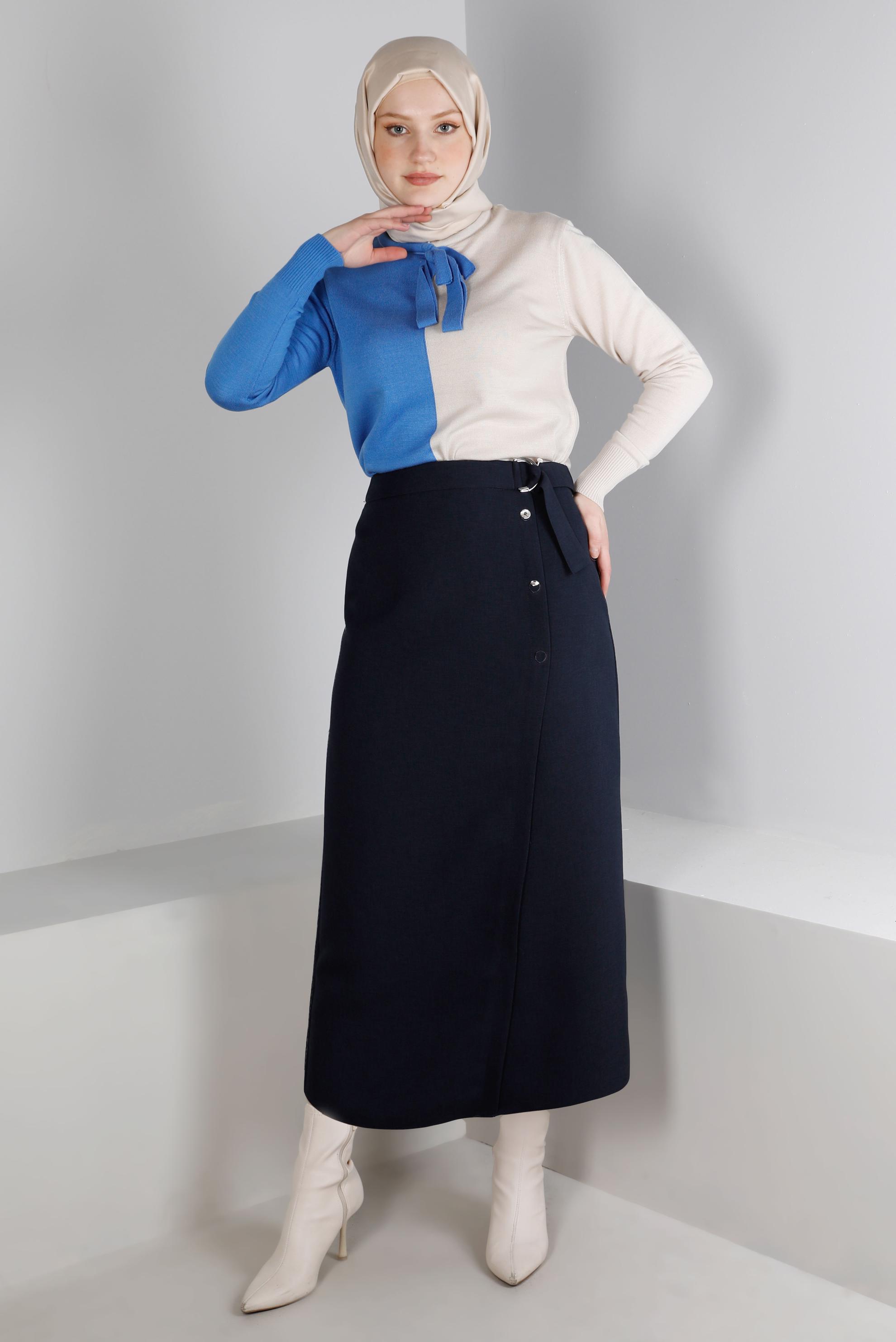 Tesettür giyim LACİVERT DÜĞME DETAYLI ETEK 60341