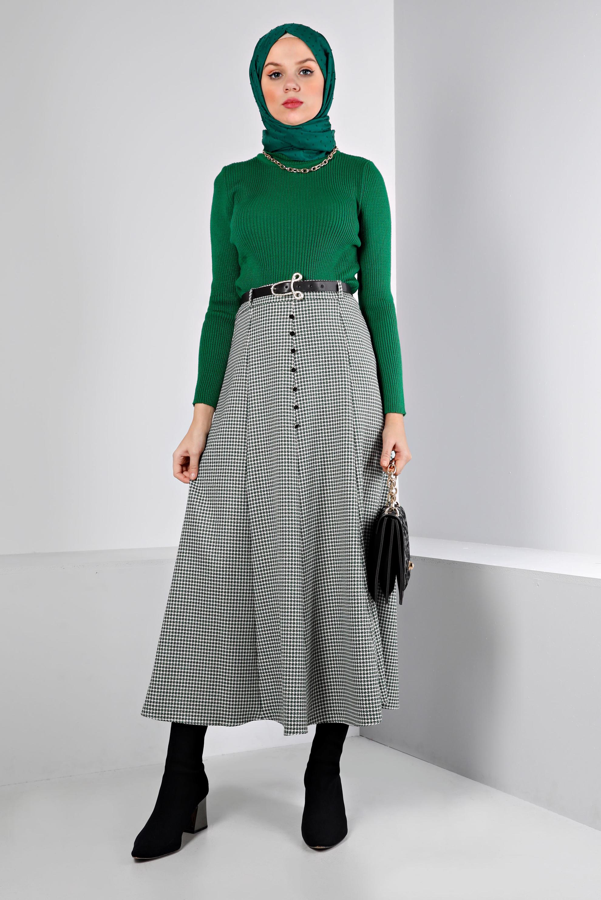 Vêtements hijab VERT JUPE BOUTONNÉE MOTIF PIED DE POULE 60345
