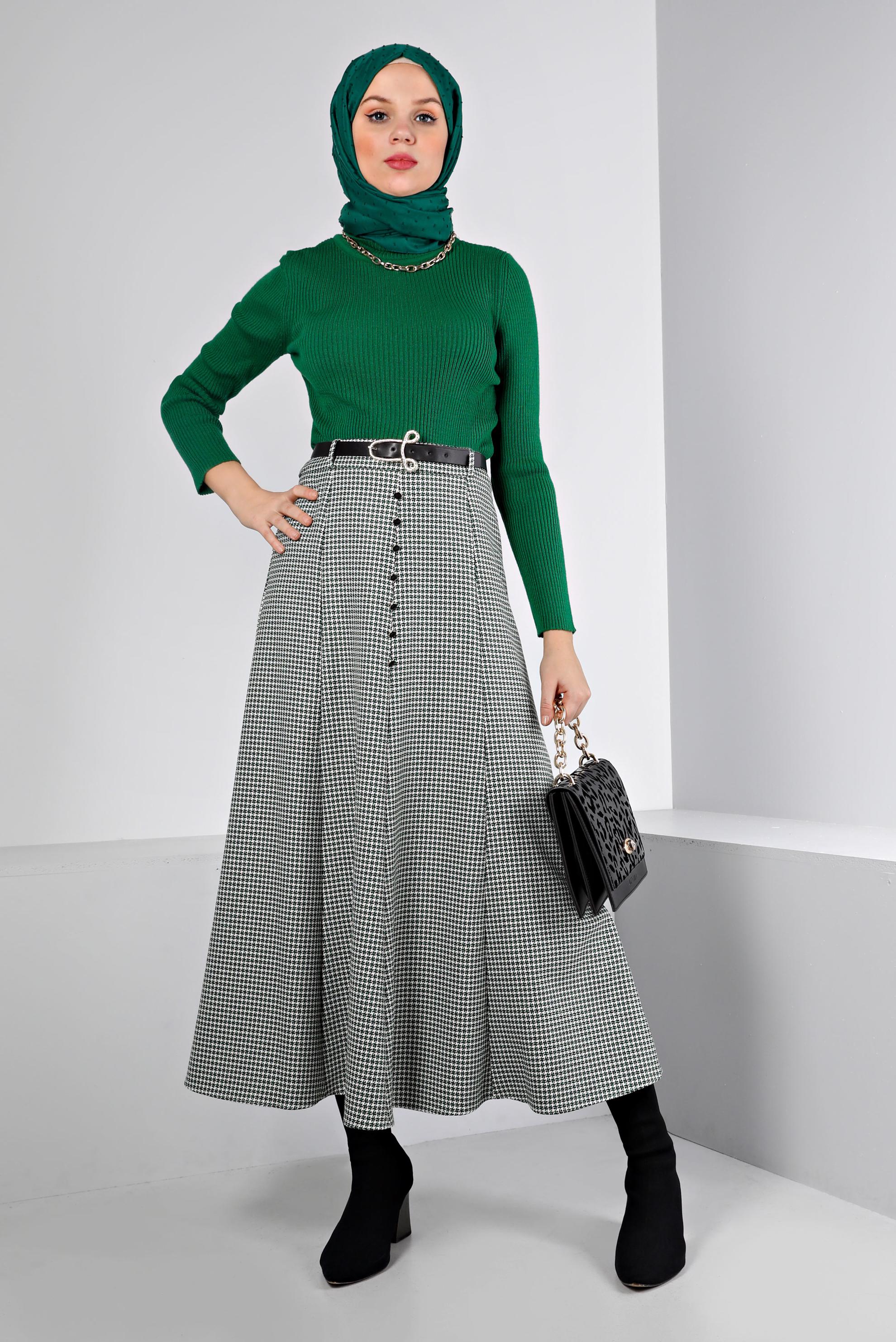 Vêtements hijab VERT JUPE BOUTONNÉE MOTIF PIED DE POULE 60345
