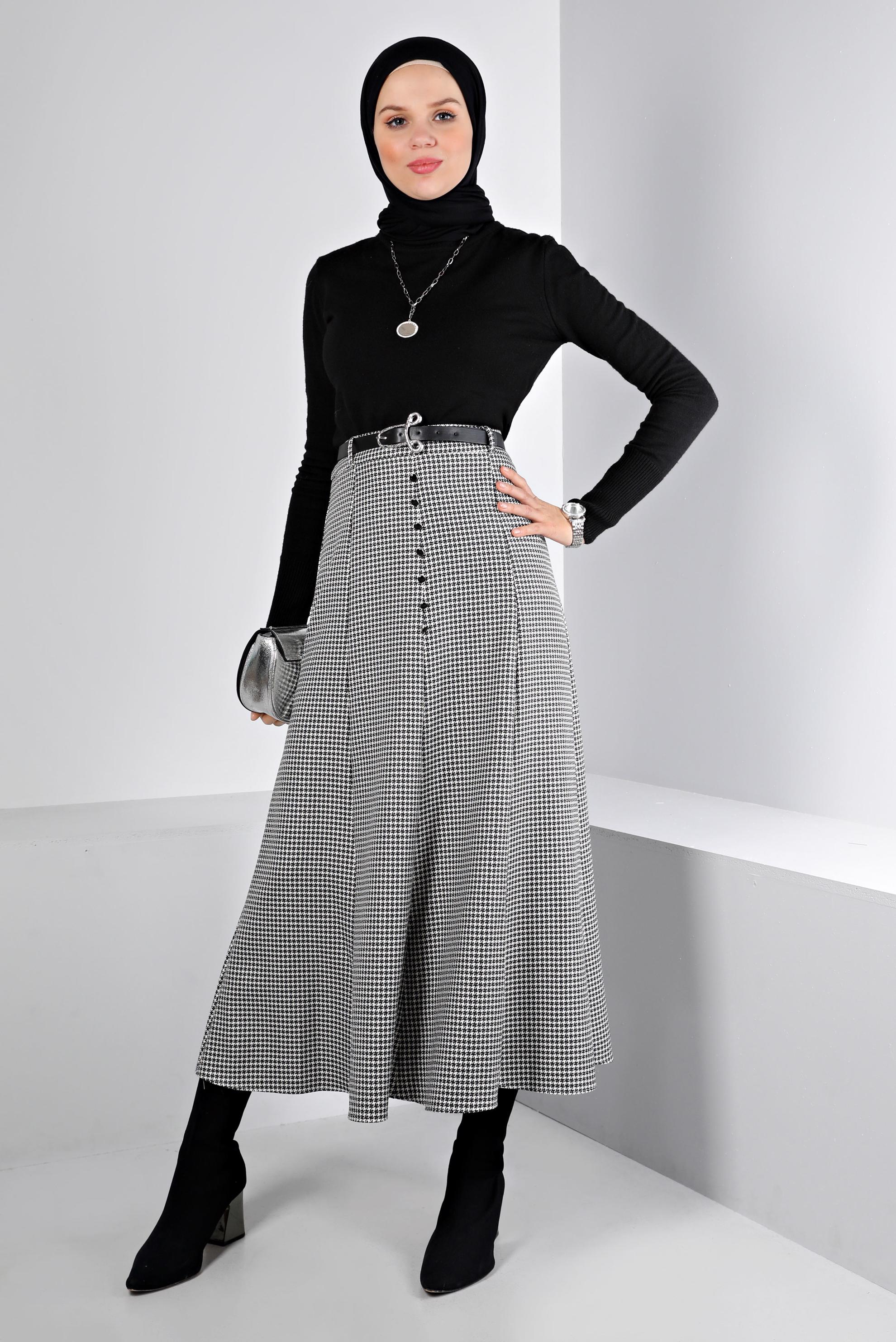 Hijab clothing GREY HOUNDSTOOTH PATTERN BUTTONED SKIRT 60345 