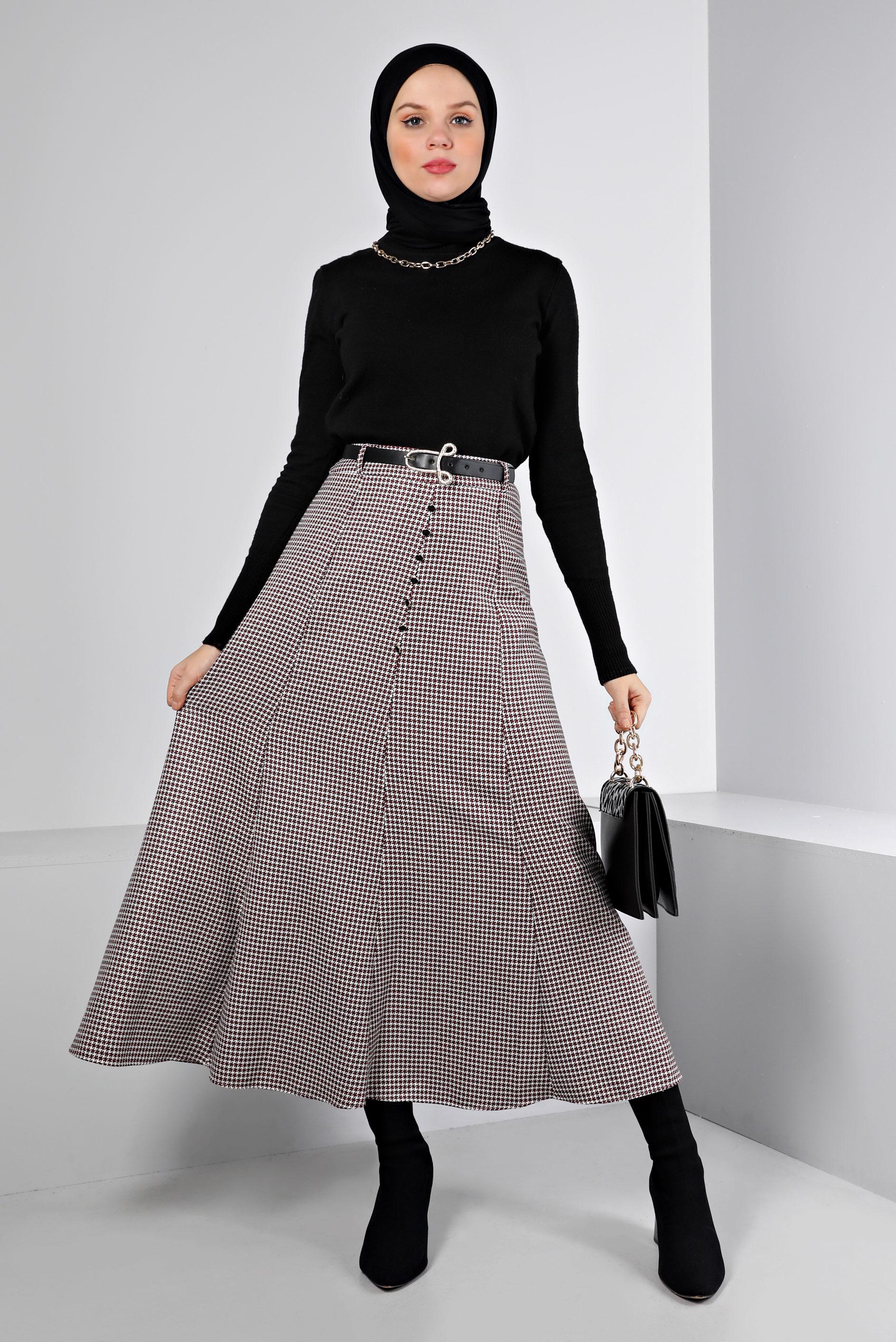 Hijab clothing FUCHSIA HOUNDSTOOTH PATTERN BUTTONED SKIRT 60345 