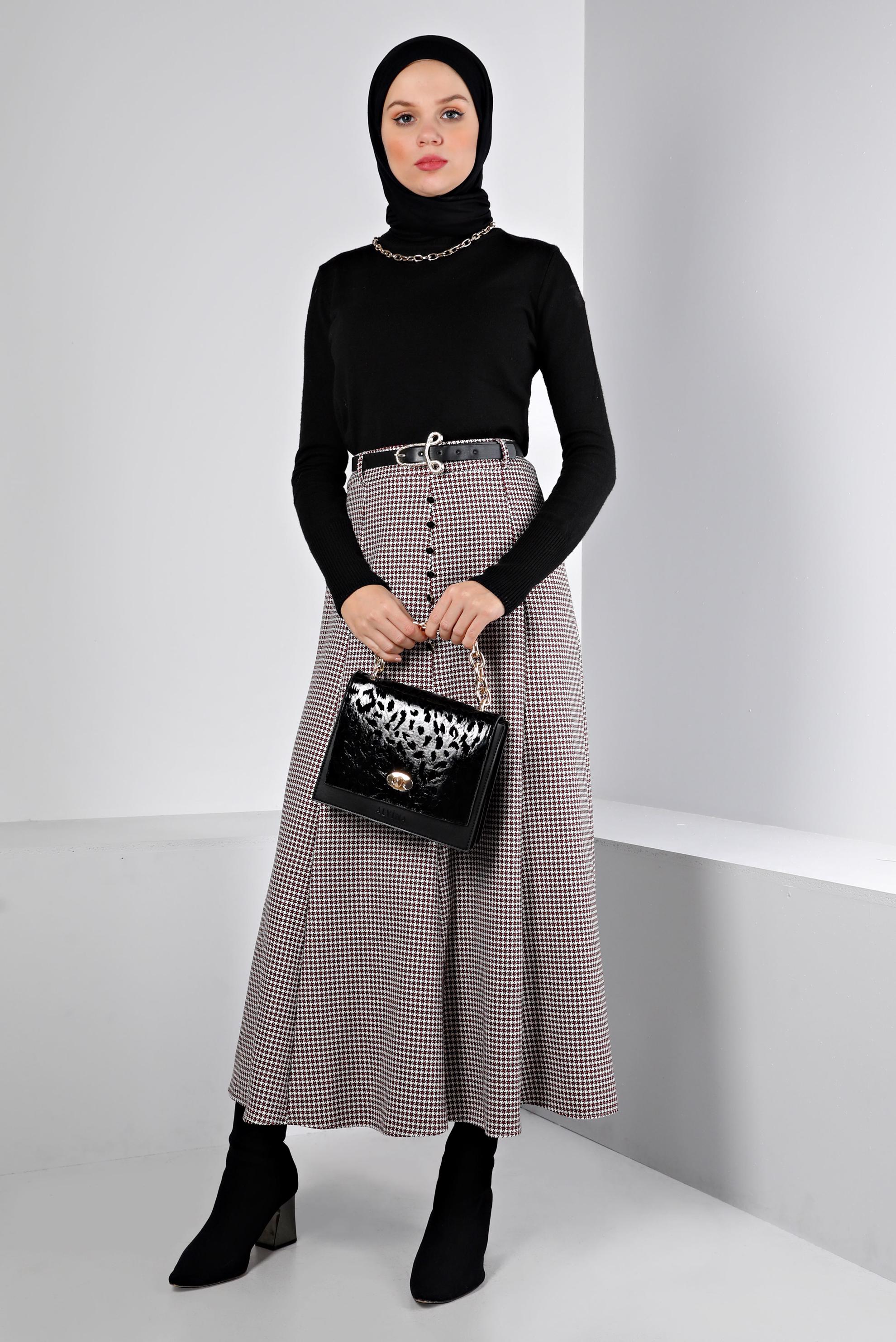 Hijab clothing FUCHSIA HOUNDSTOOTH PATTERN BUTTONED SKIRT 60345 