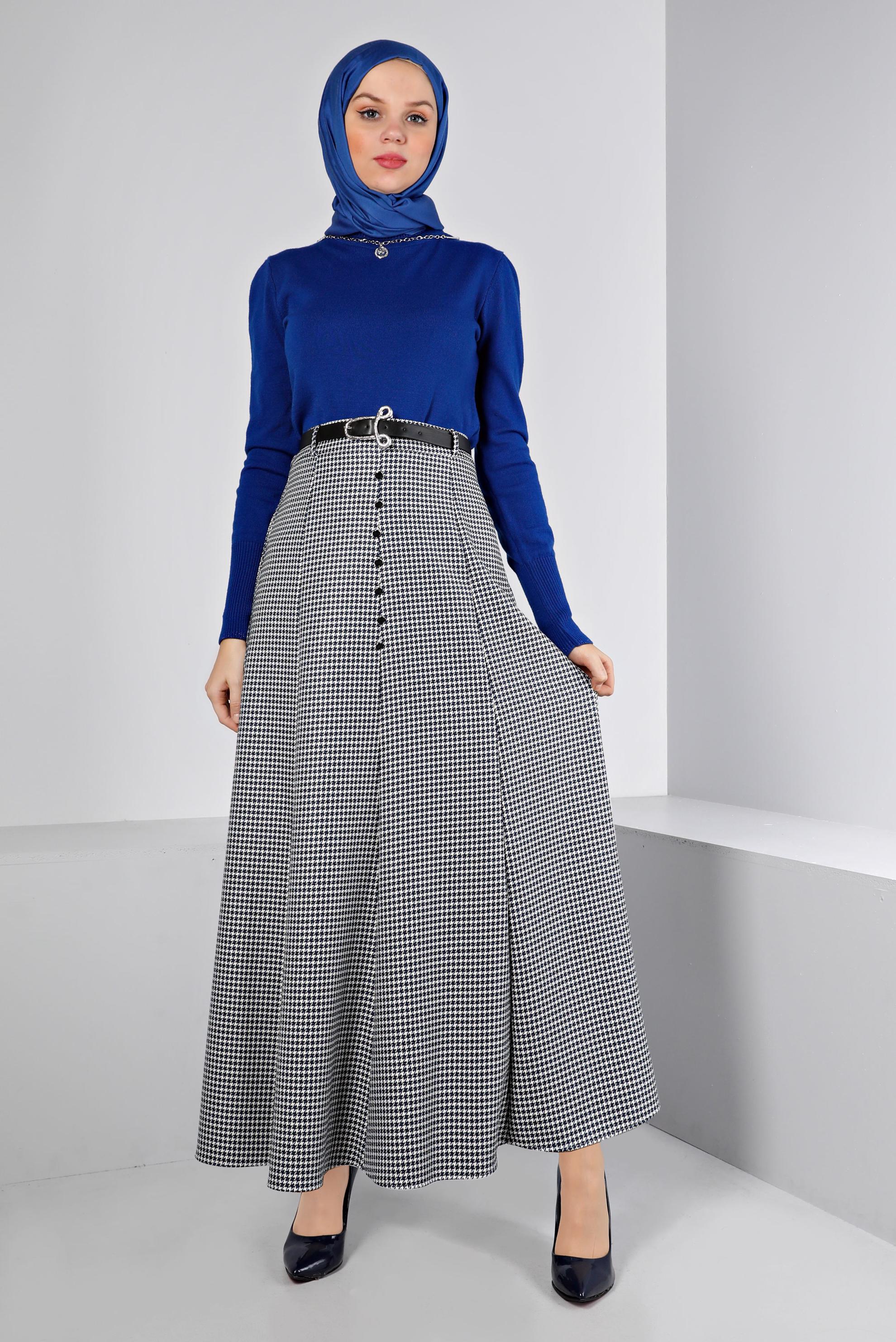 Vêtements hijab BLEU MARINE JUPE BOUTONNÉE MOTIF PIED DE POULE 60345