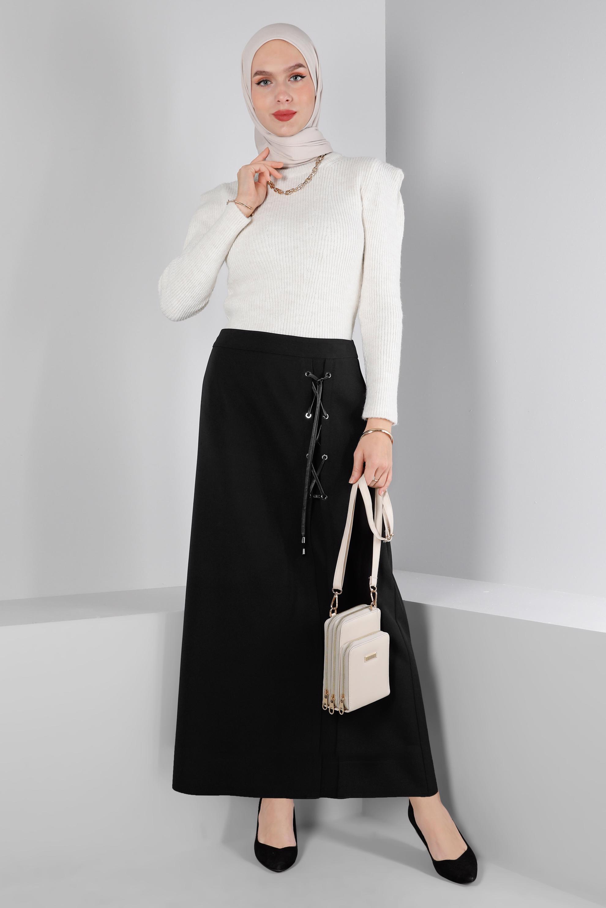 Tesettür giyim SİYAH KUŞGÖZÜ DETAYLI ETEK 60346