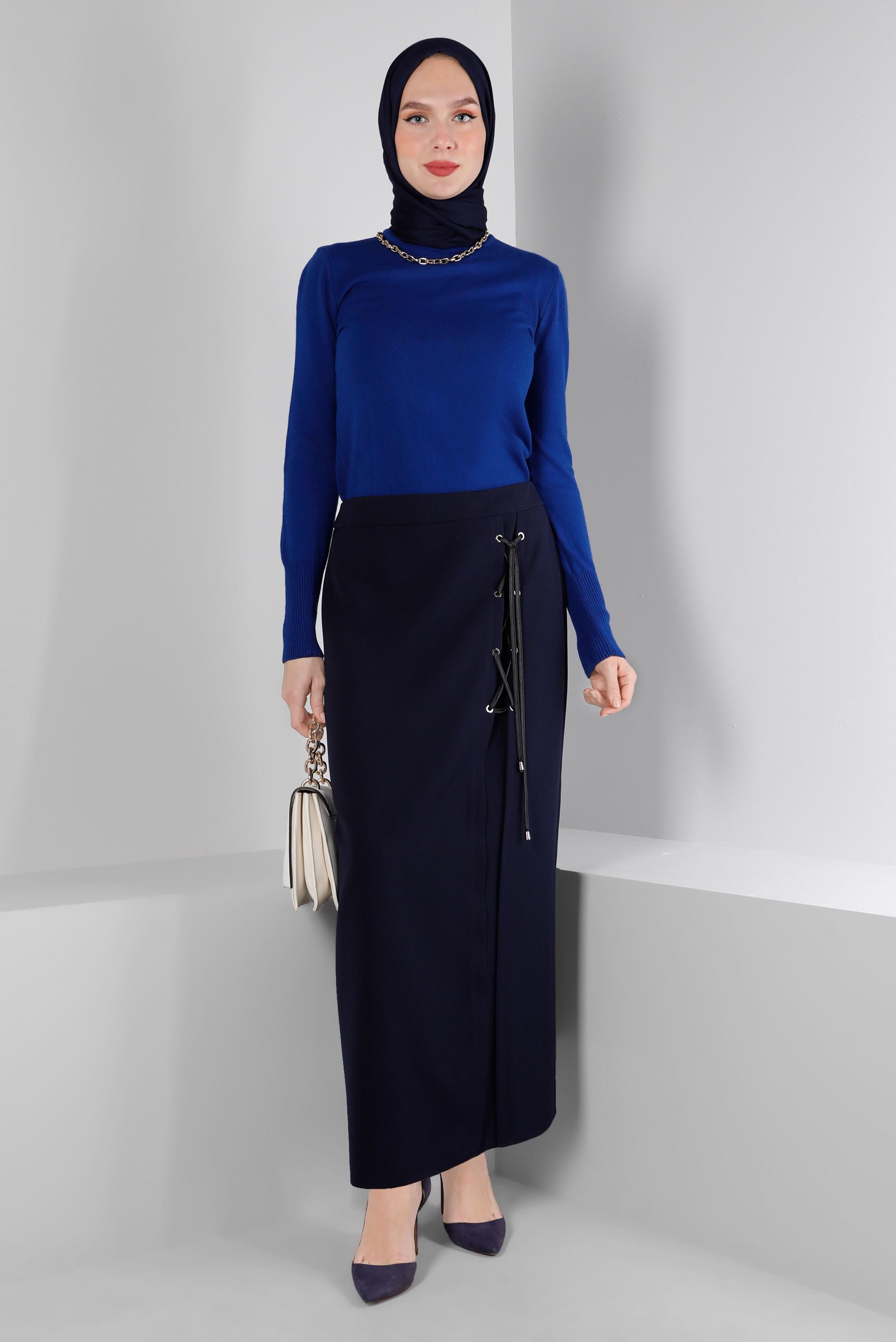 Tesettür giyim LACİVERT KUŞGÖZÜ DETAYLI ETEK 60346