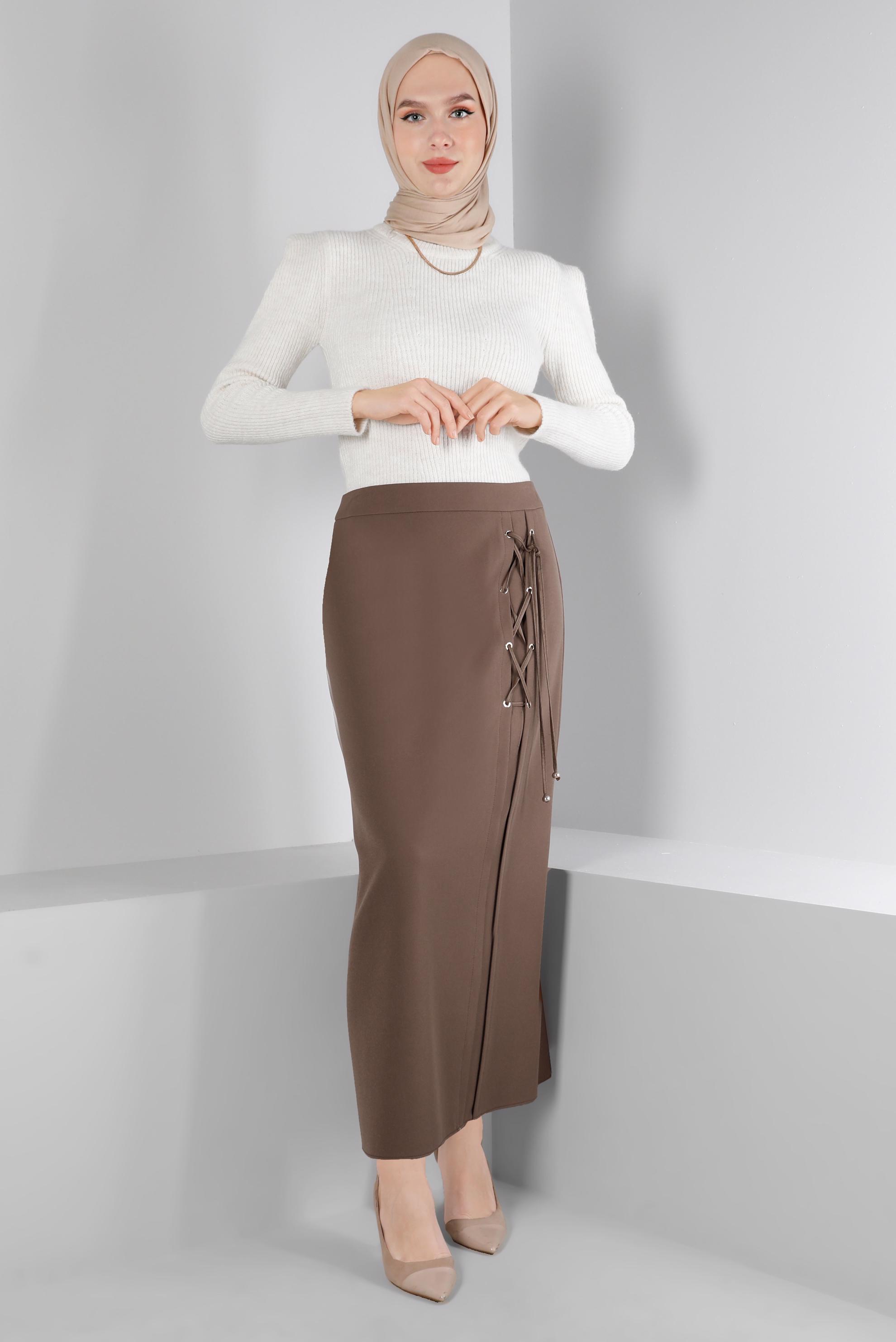 Tesettür giyim VİZON KUŞGÖZÜ DETAYLI ETEK 60346