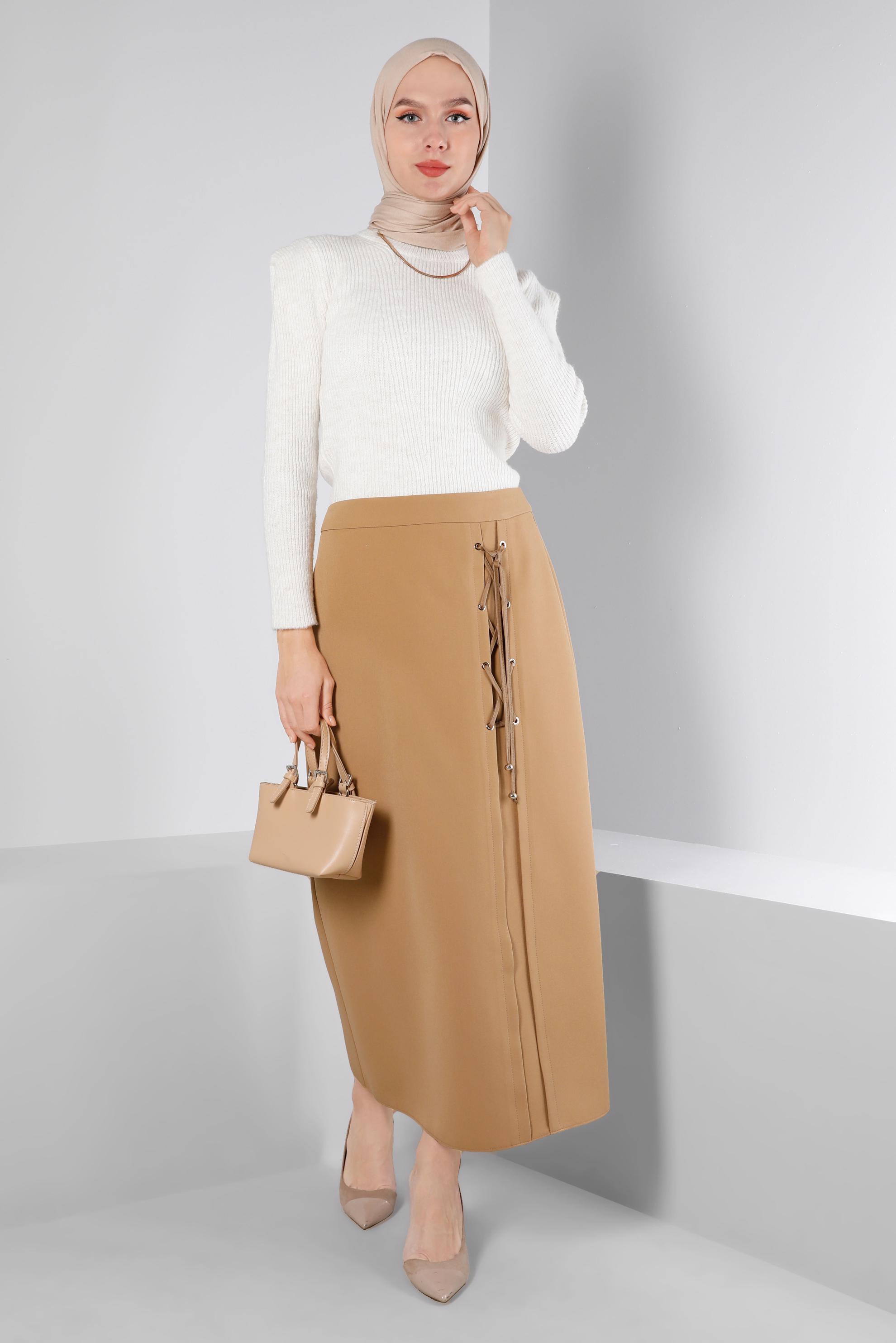 Tesettür giyim KAHVE KUŞGÖZÜ DETAYLI ETEK 60346