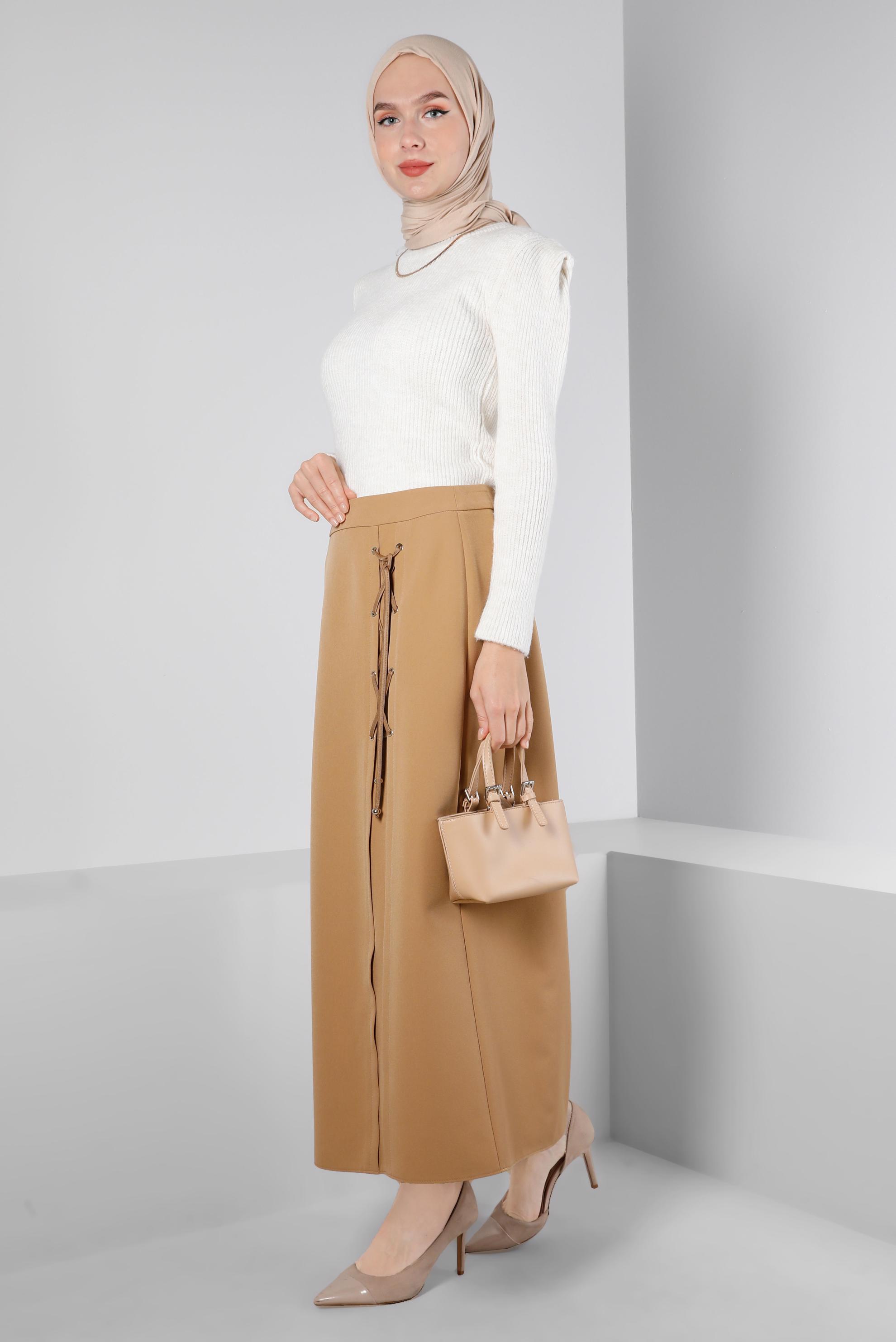 Tesettür giyim KAHVE KUŞGÖZÜ DETAYLI ETEK 60346