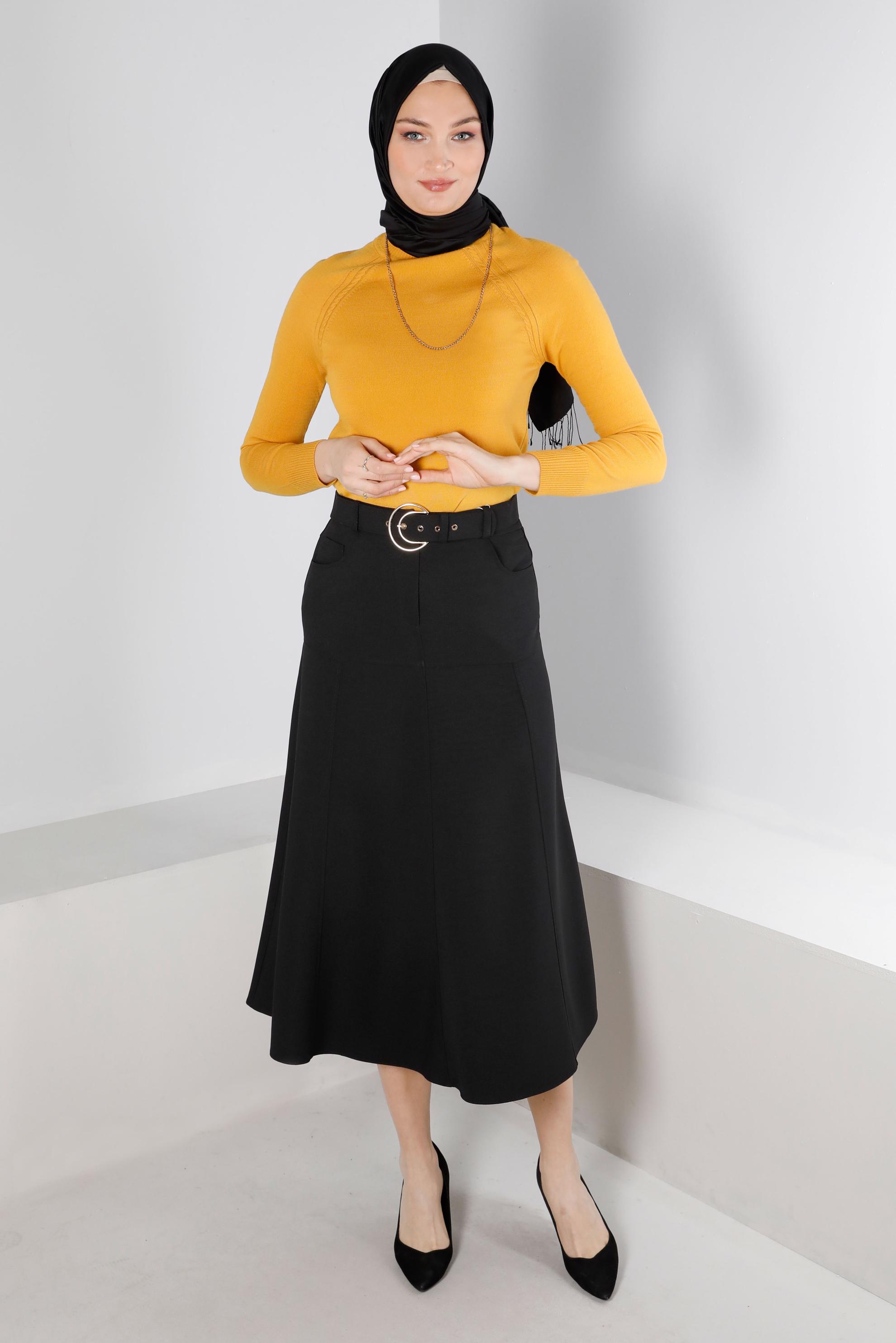 Tesettür giyim SİYAH CEPLİ KEMERLİ ETEK 60347 