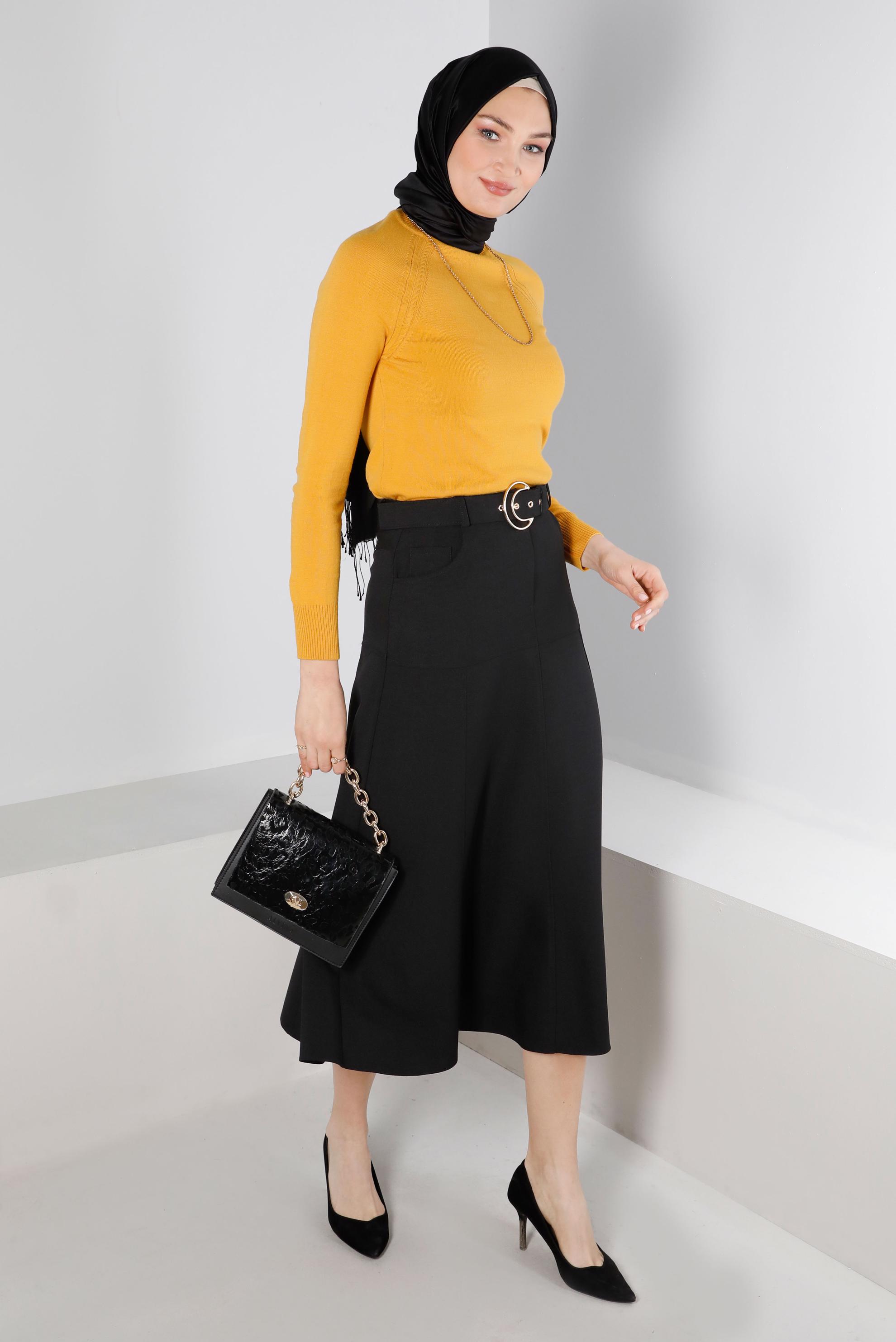 Tesettür giyim SİYAH CEPLİ KEMERLİ ETEK 60347 