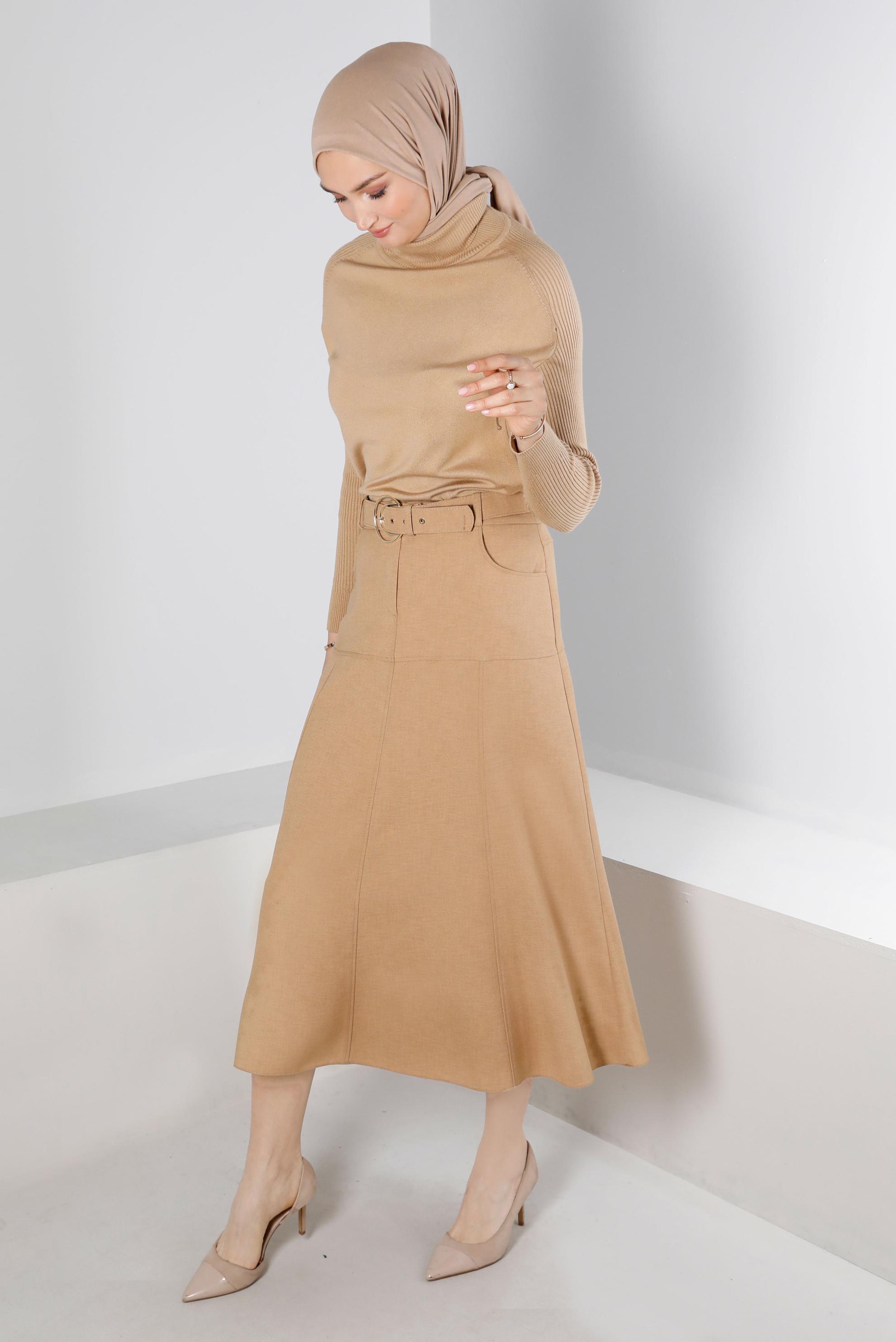 Tesettür giyim BEJ CEPLİ KEMERLİ ETEK 60347 