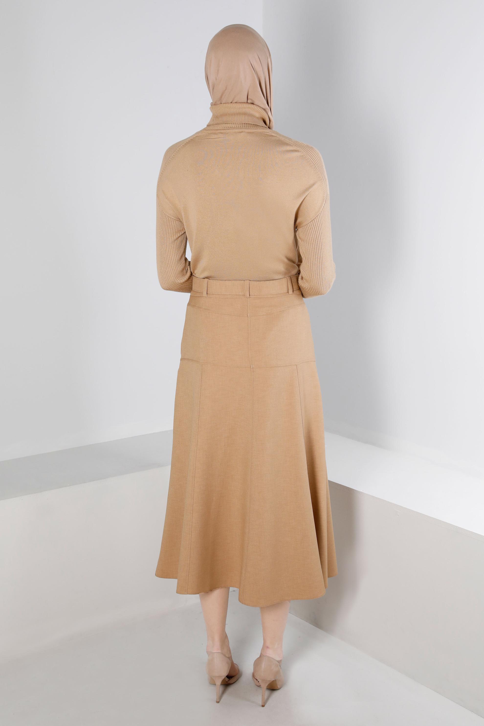 Tesettür giyim BEJ CEPLİ KEMERLİ ETEK 60347 