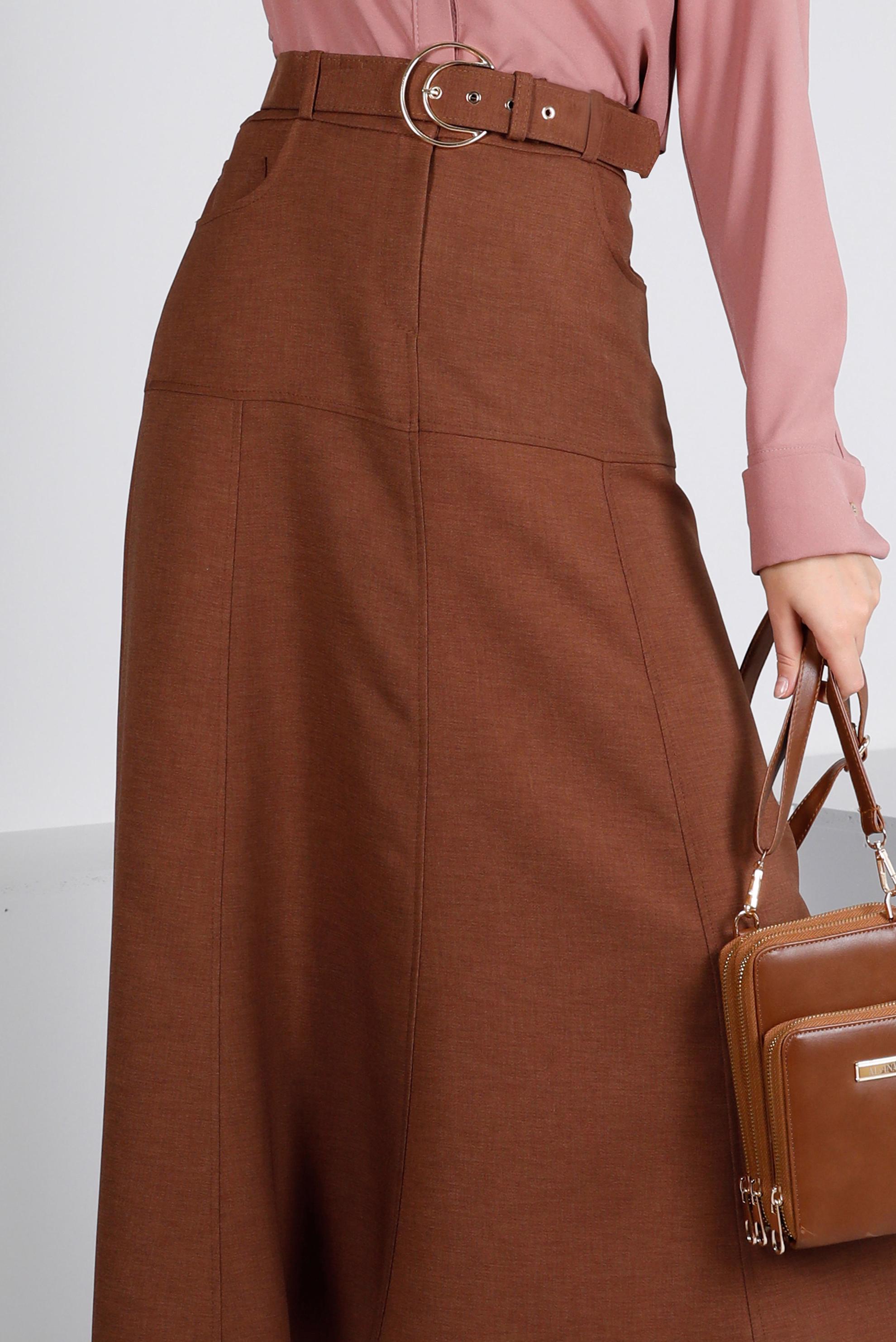 Tesettür giyim KAHVE CEPLİ KEMERLİ ETEK 60347 