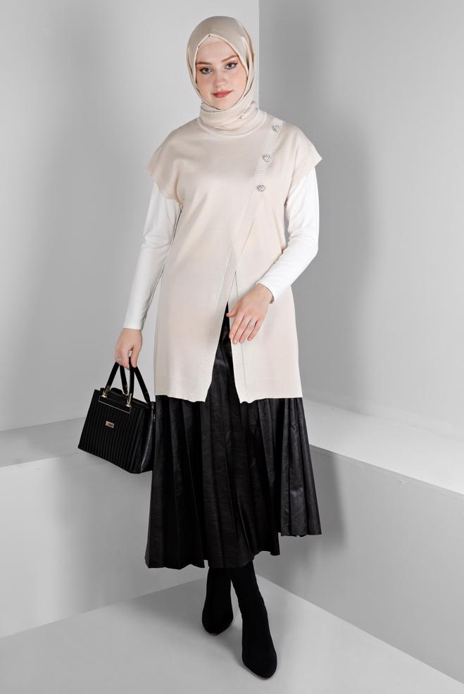 Tesettür giyim  PİLELİ SUNİ DERİ ETEK 60348 - ALVİNA
