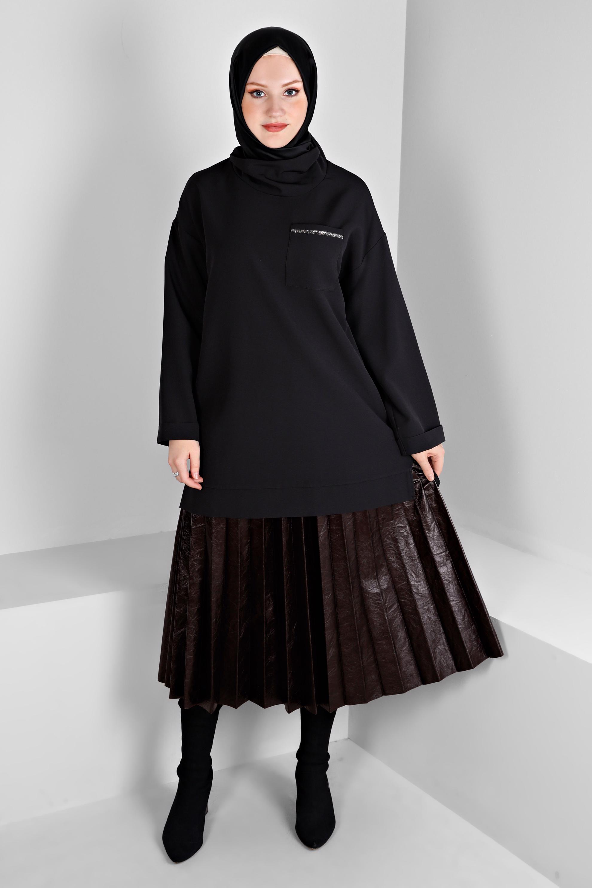 Tesettür giyim KAHVE PİLELİ SUNİ DERİ ETEK 60348