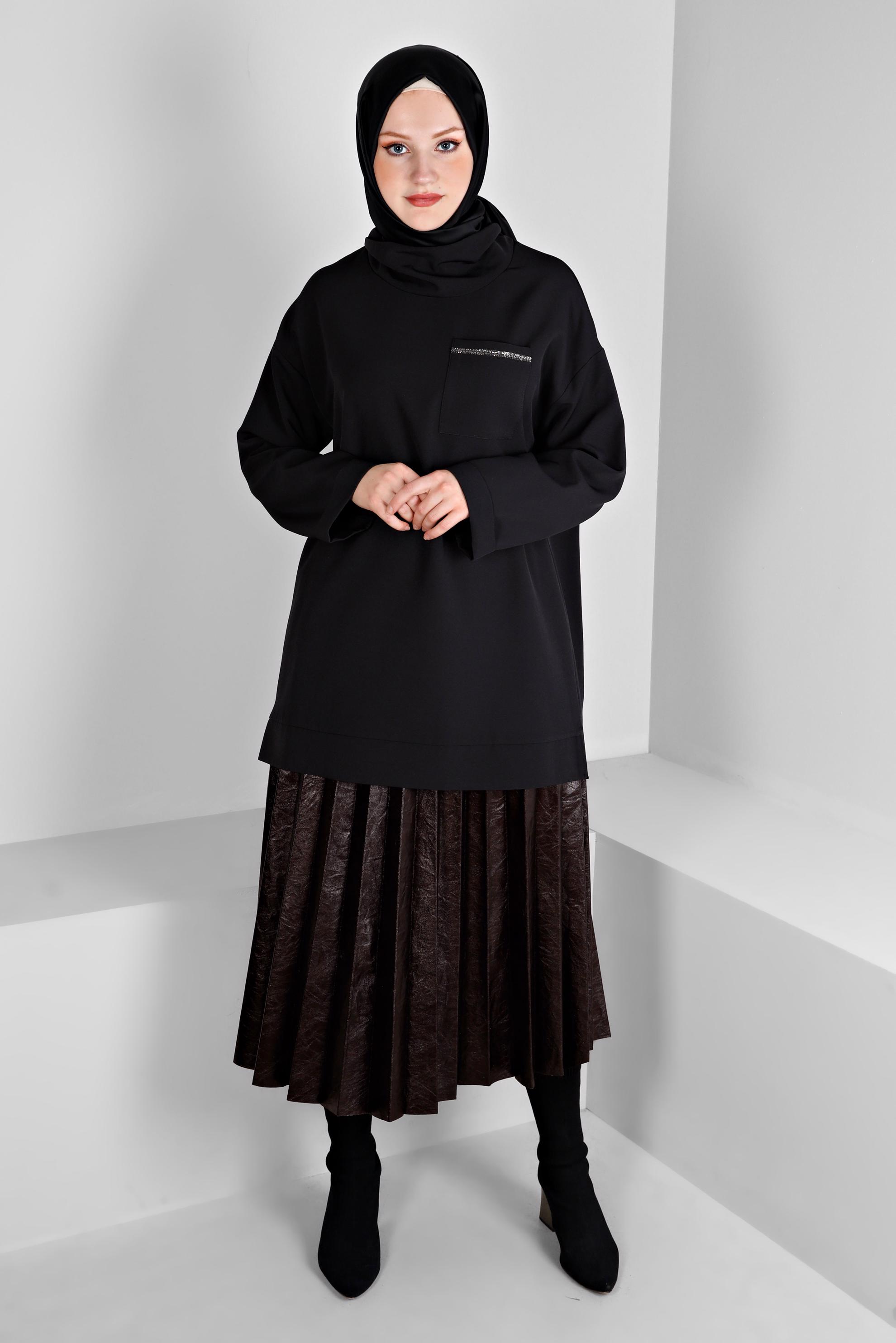 Tesettür giyim KAHVE PİLELİ SUNİ DERİ ETEK 60348