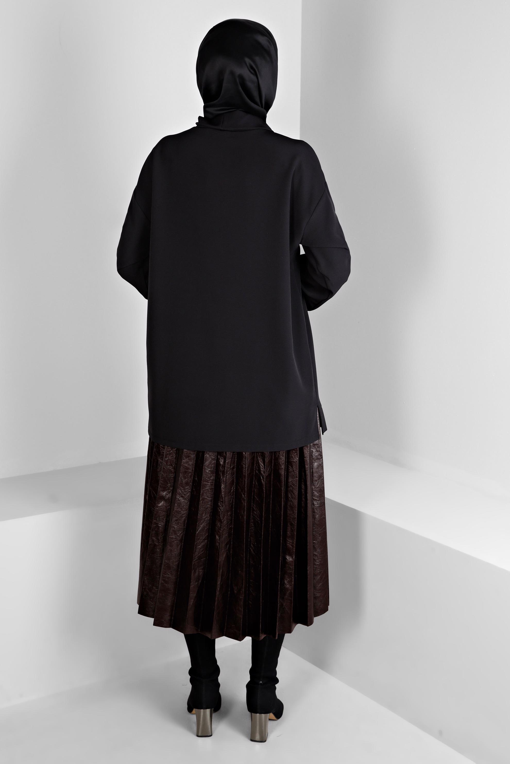 Tesettür giyim KAHVE PİLELİ SUNİ DERİ ETEK 60348