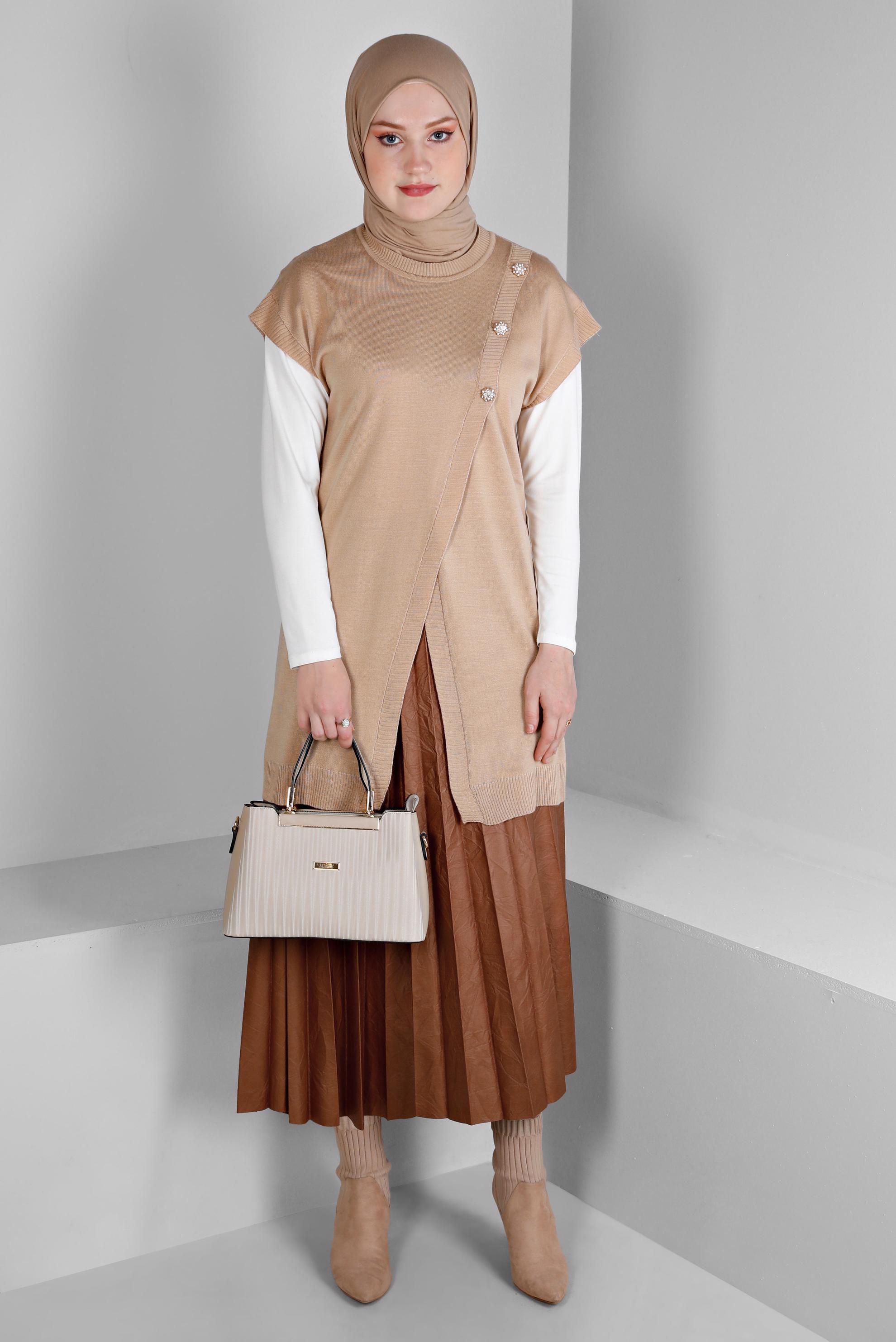 Tesettür giyim TABA PİLELİ SUNİ DERİ ETEK 60348