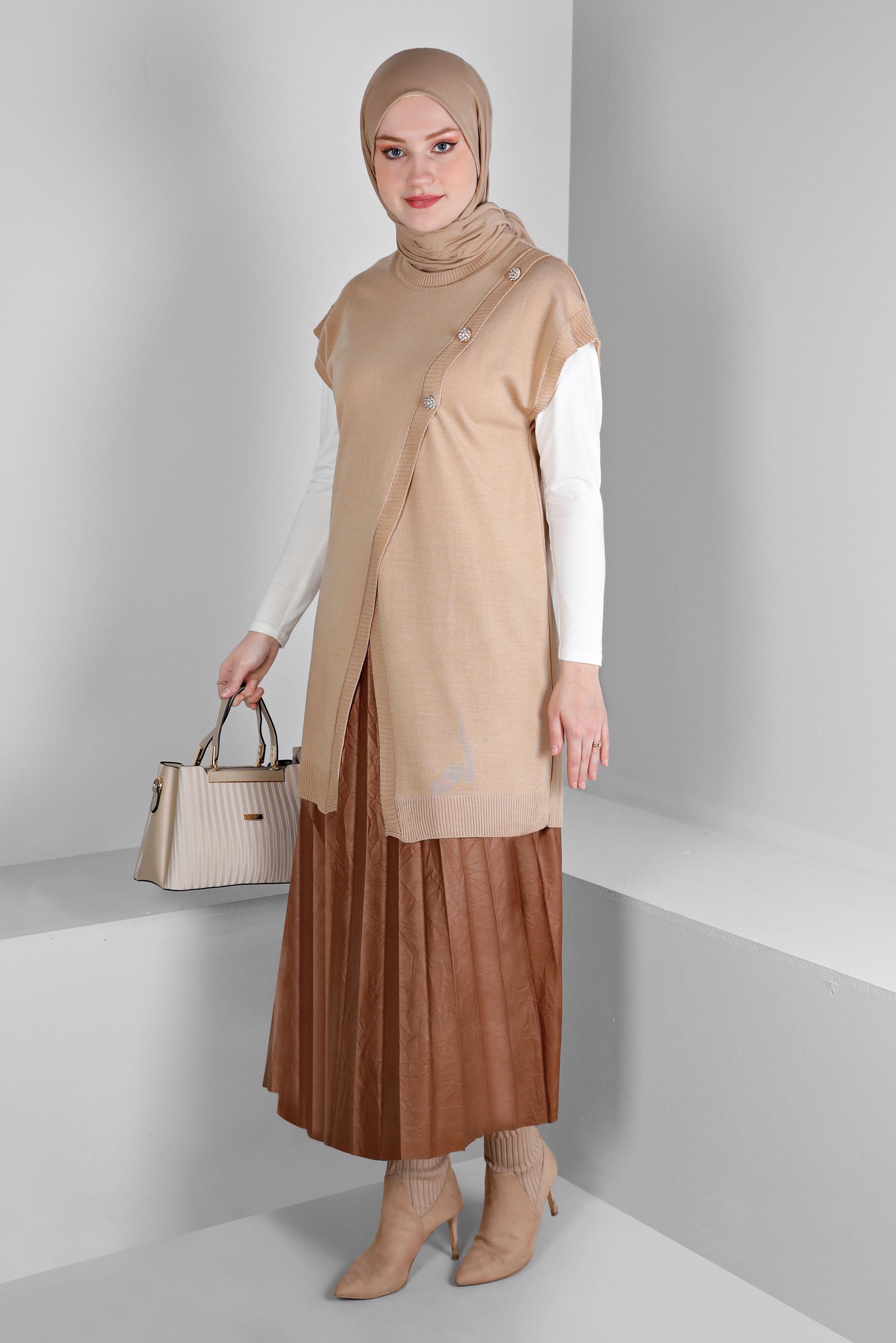 Tesettür giyim TABA PİLELİ SUNİ DERİ ETEK 60348