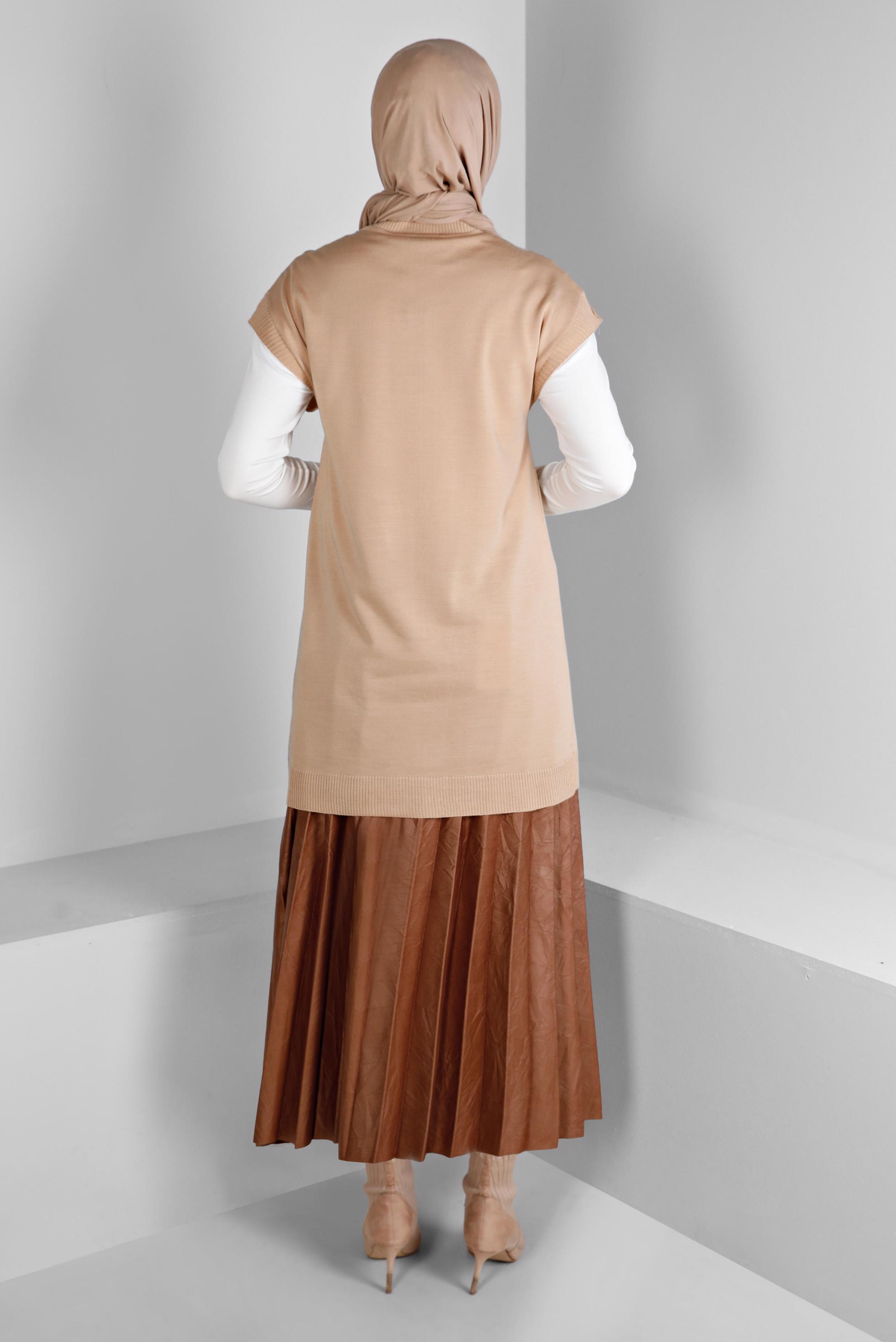Tesettür giyim TABA PİLELİ SUNİ DERİ ETEK 60348