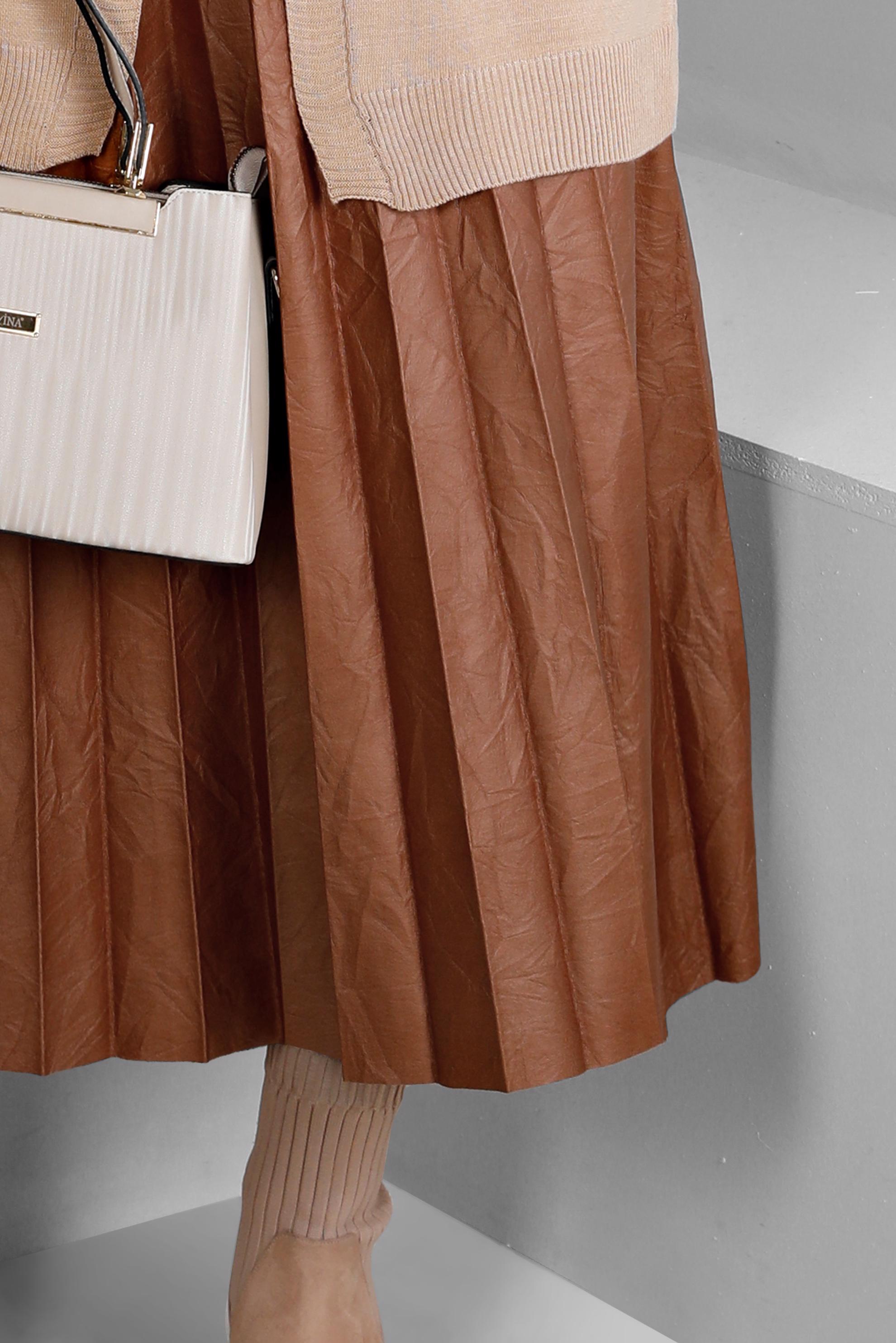 Tesettür giyim TABA PİLELİ SUNİ DERİ ETEK 60348