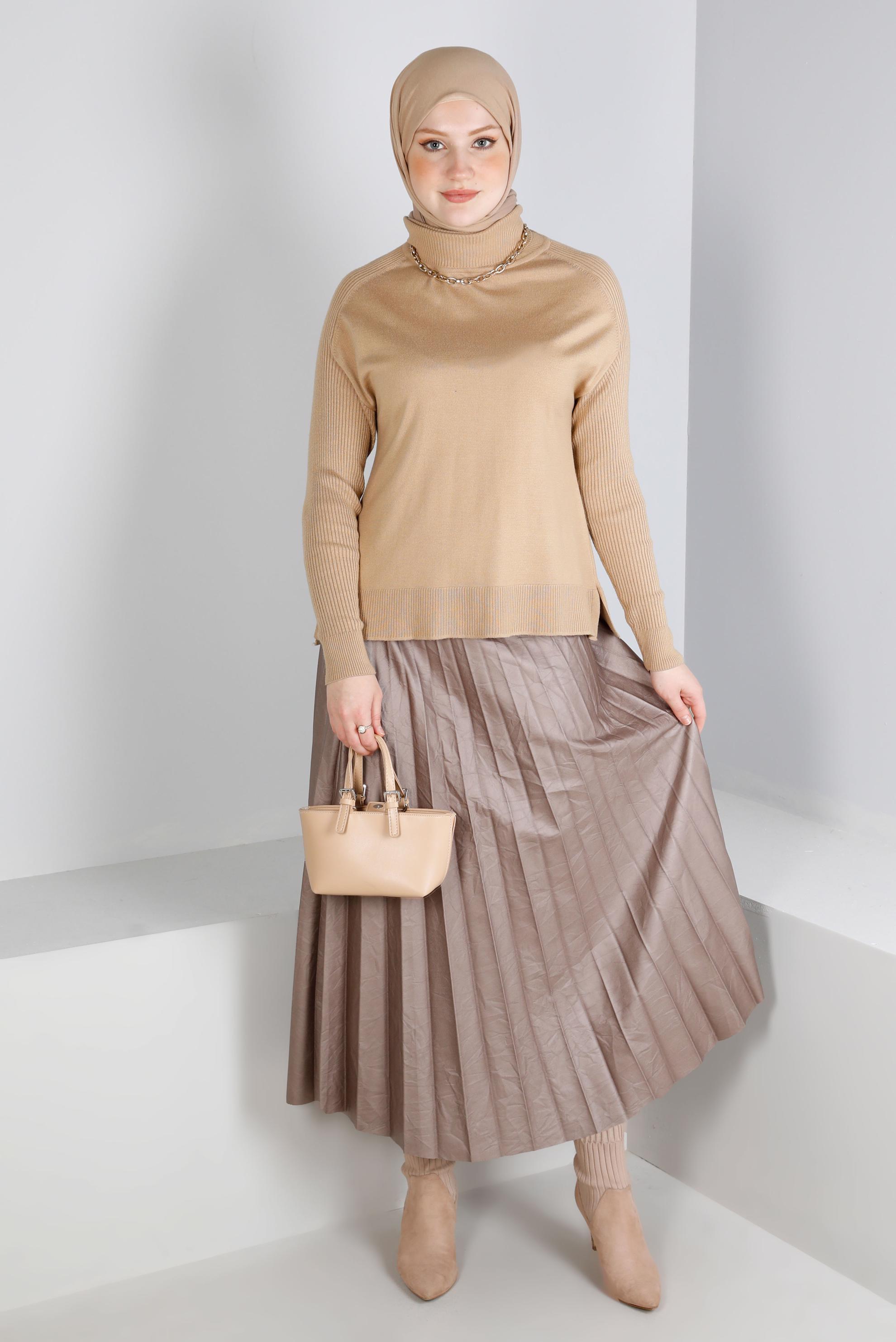 Tesettür giyim VİZON PİLELİ SUNİ DERİ ETEK 60348