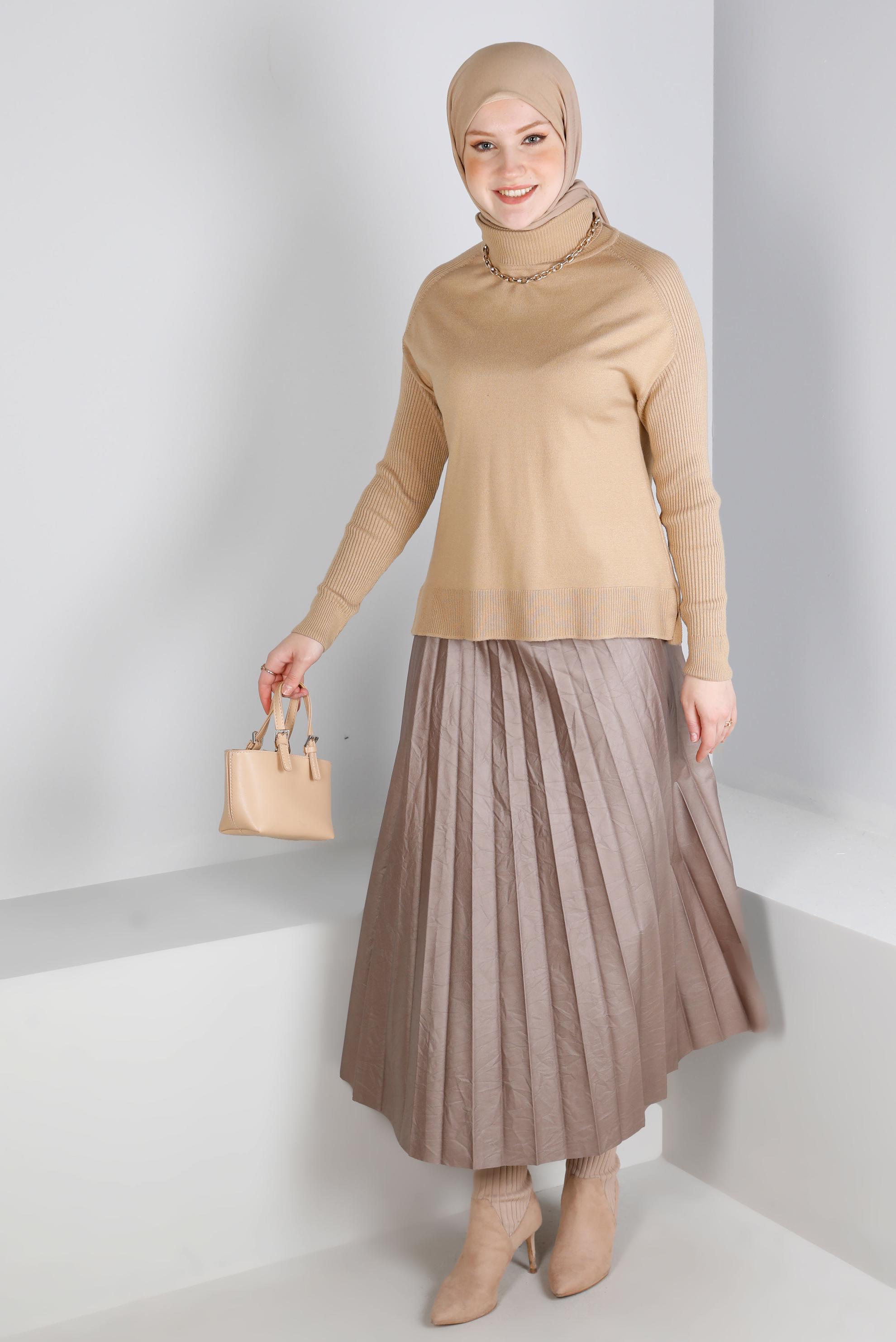 Tesettür giyim VİZON PİLELİ SUNİ DERİ ETEK 60348