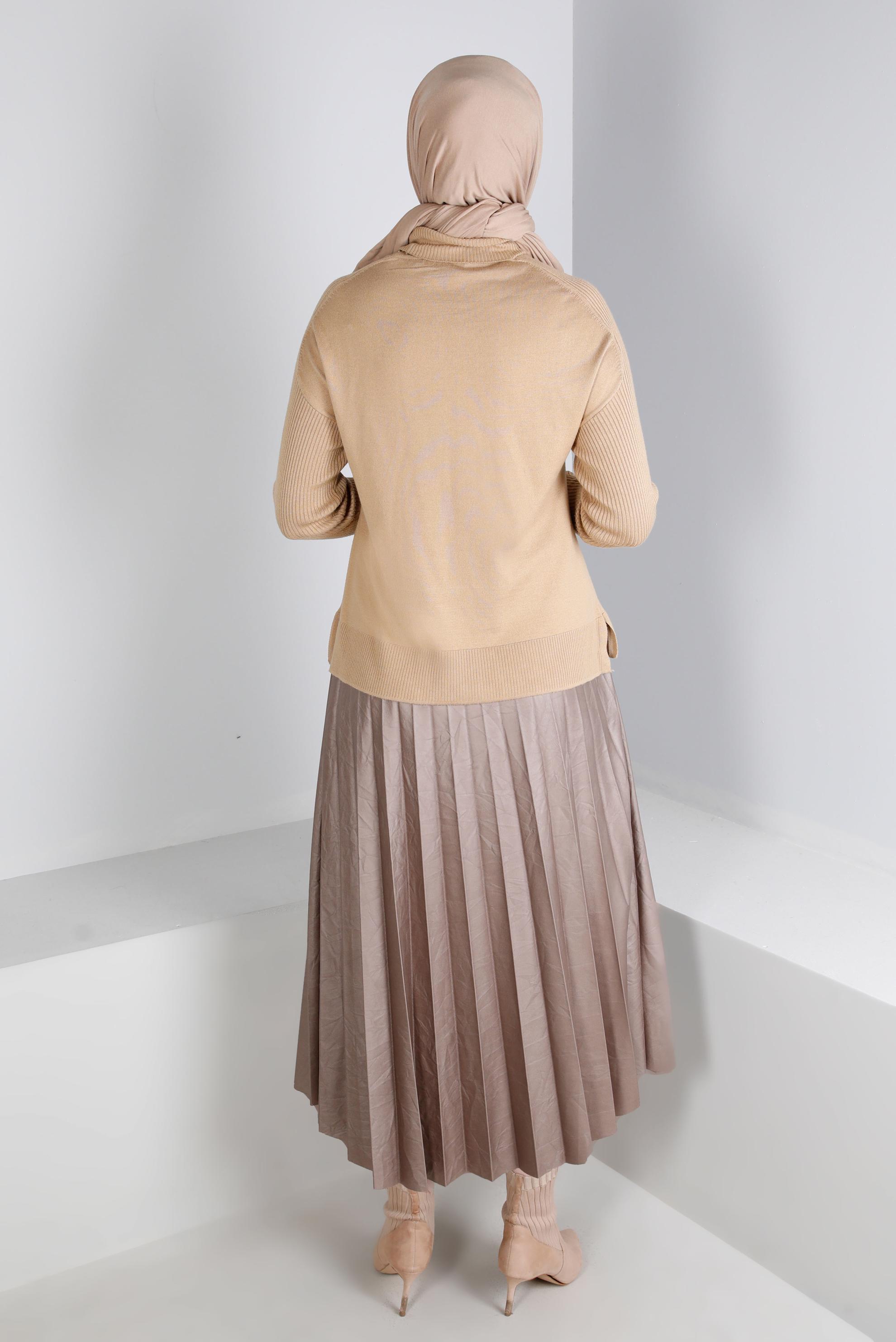 Tesettür giyim VİZON PİLELİ SUNİ DERİ ETEK 60348