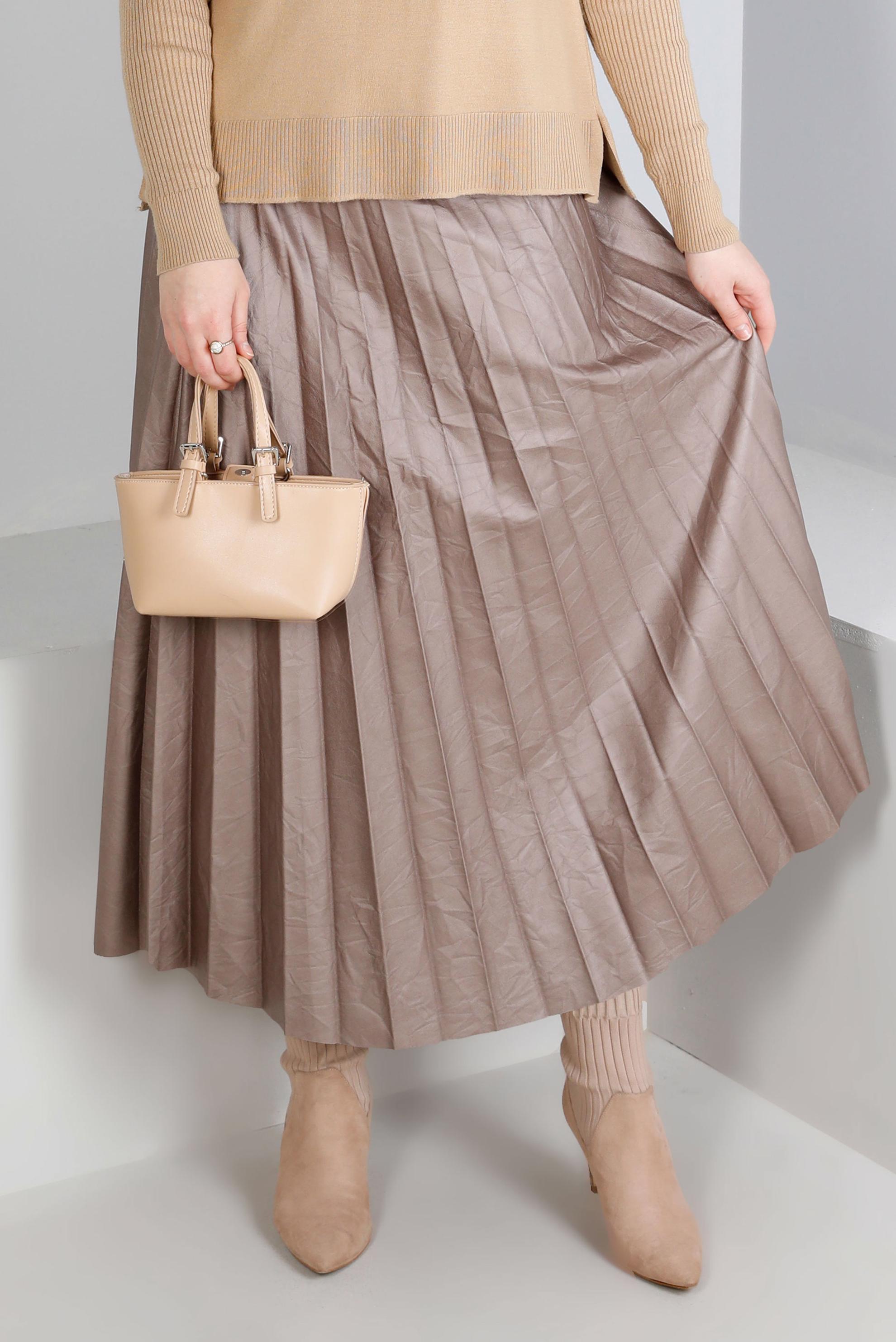 Tesettür giyim VİZON PİLELİ SUNİ DERİ ETEK 60348