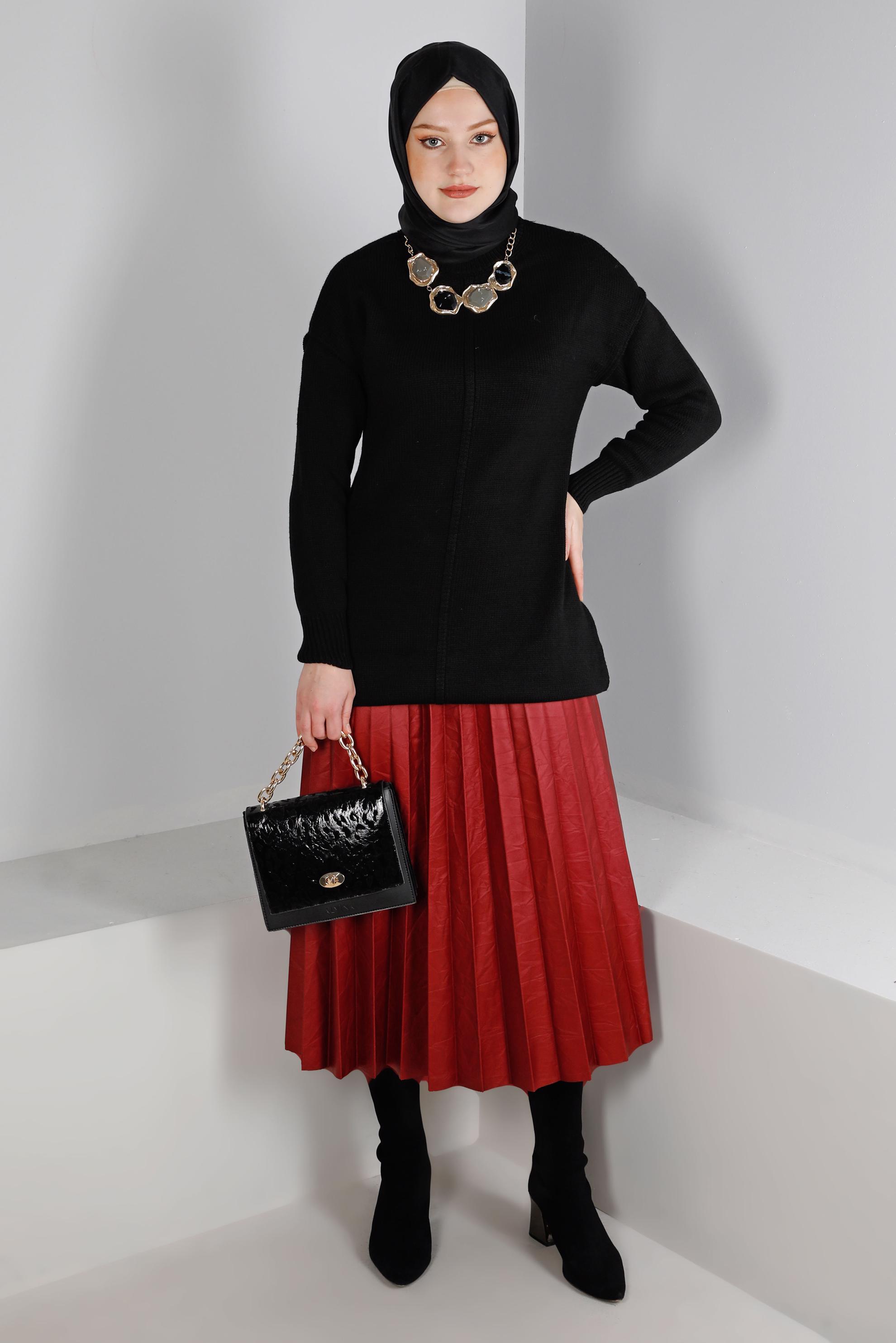 Tesettür giyim KIRMIZI PİLELİ SUNİ DERİ ETEK 60348
